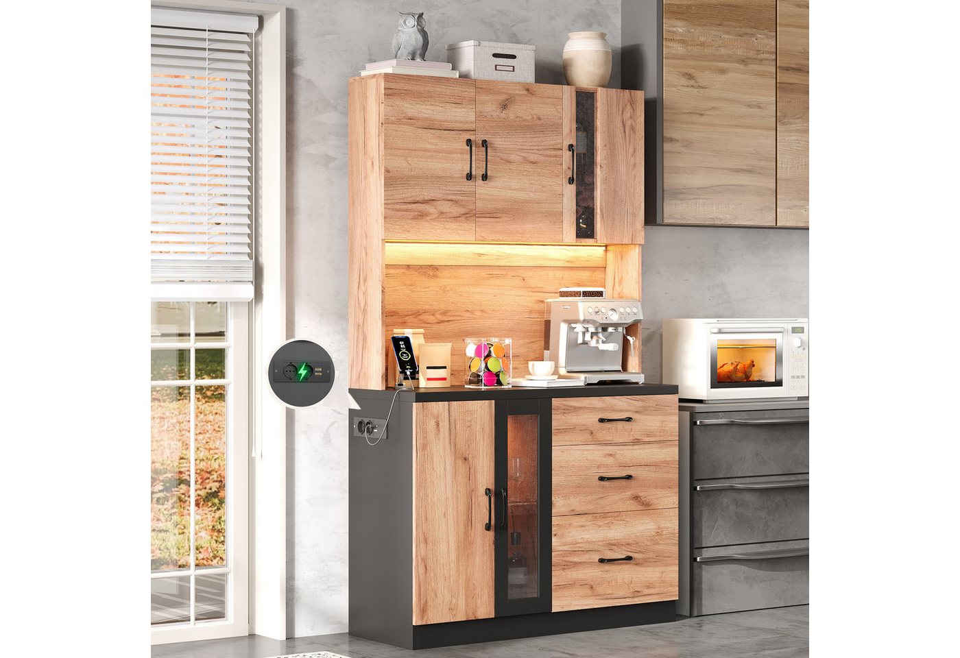 Flieks Küchenbuffet mit Steckdose, LED-Beleuchtung und verstellbaren Einlegeböden (B105/T40/H180 cm, 1-St., Geschirrschrank mit Glas-Einlegeböden und Schubladen) Hochschrank Küchenschrank Holzoptik Geschirrschrank mit Arbeitsplatte