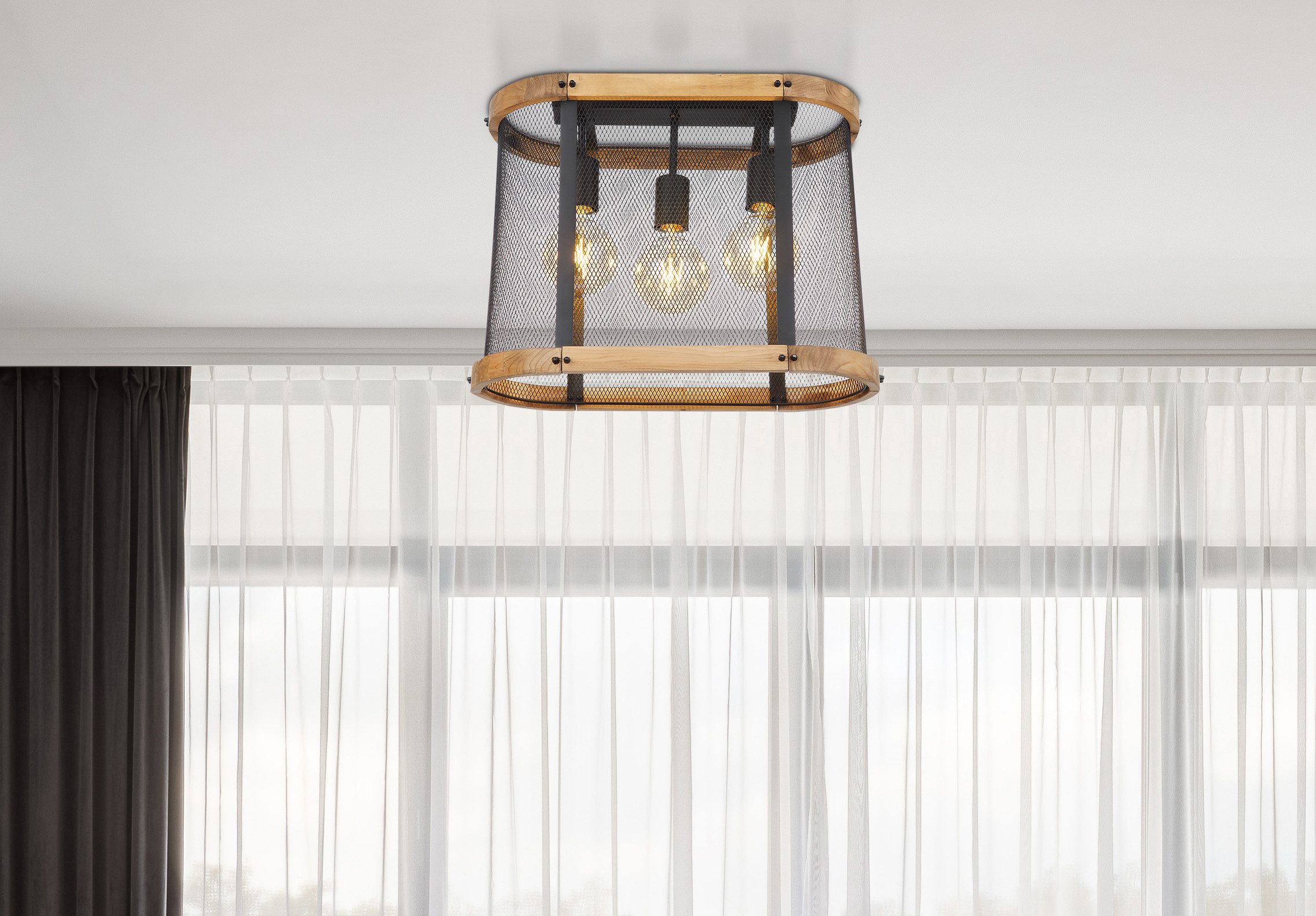 GLOBO LIGHTING Deckenleuchte JEANIE, ohne Leuchtmittel, Deckenlampe/Holz/schwarz/Wohnzimmer/Metallgeflecht