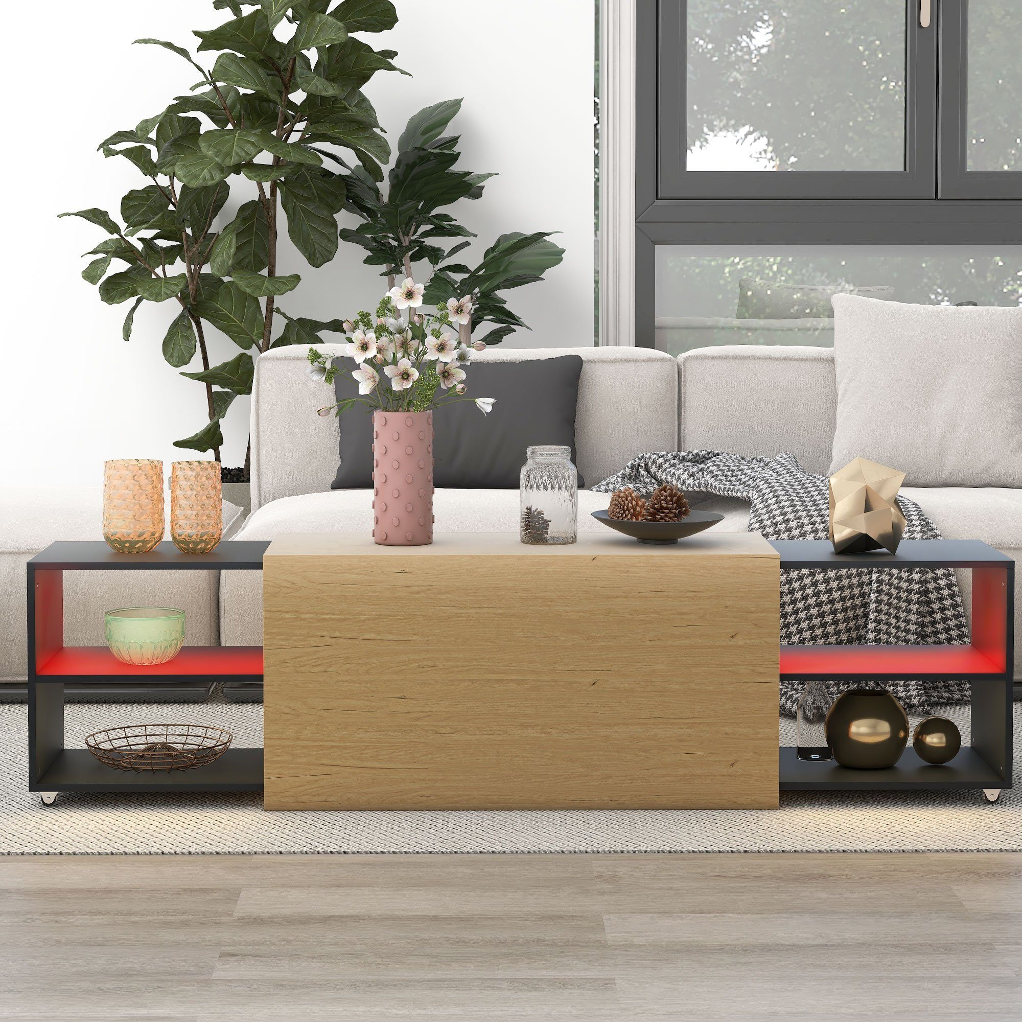 WISHDOR TV-Schrank TV-Boards TV-Konsolentisch Stauraum, Tisch ein Mobilität Flexibilität (Simulation dem der Holzmaserung Ästhetik) verleiht mit Mit und Ästhetik, natürliche Natürliche Stauraum
