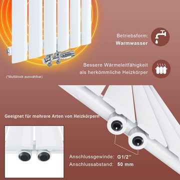 ELEGANT Heizkörper Design heizkörper Flach Vertikal Mittelanschluss Weiß, 1600/1800x311mm mit Multiblock, Warmwasser, Einlagig / Doppellagig