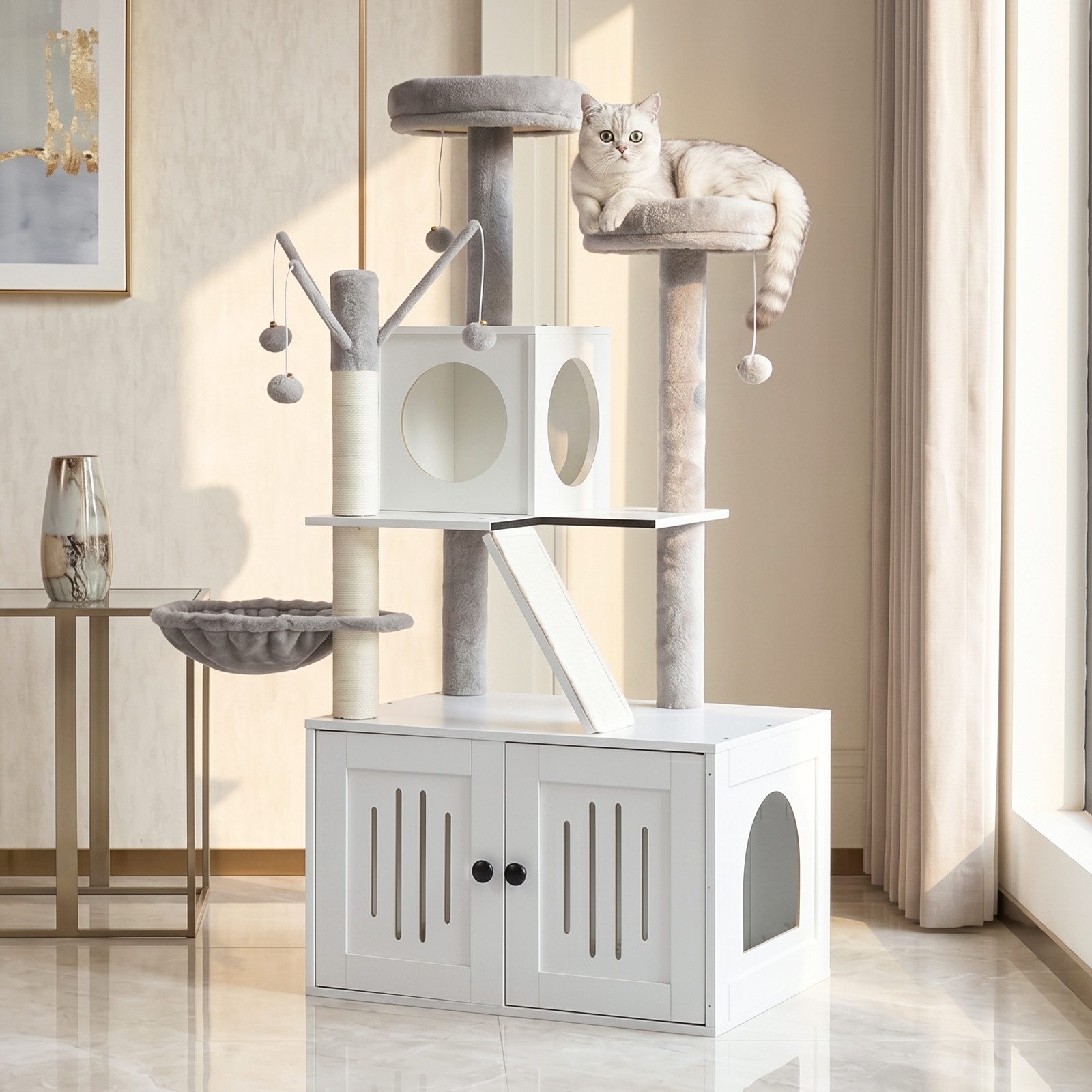 LALAHO Kratzbaum mit Katzenklo Schrank, 134,5 cm hoch, mit Liegemulde, Kratz Stämmen, Plüschbälle