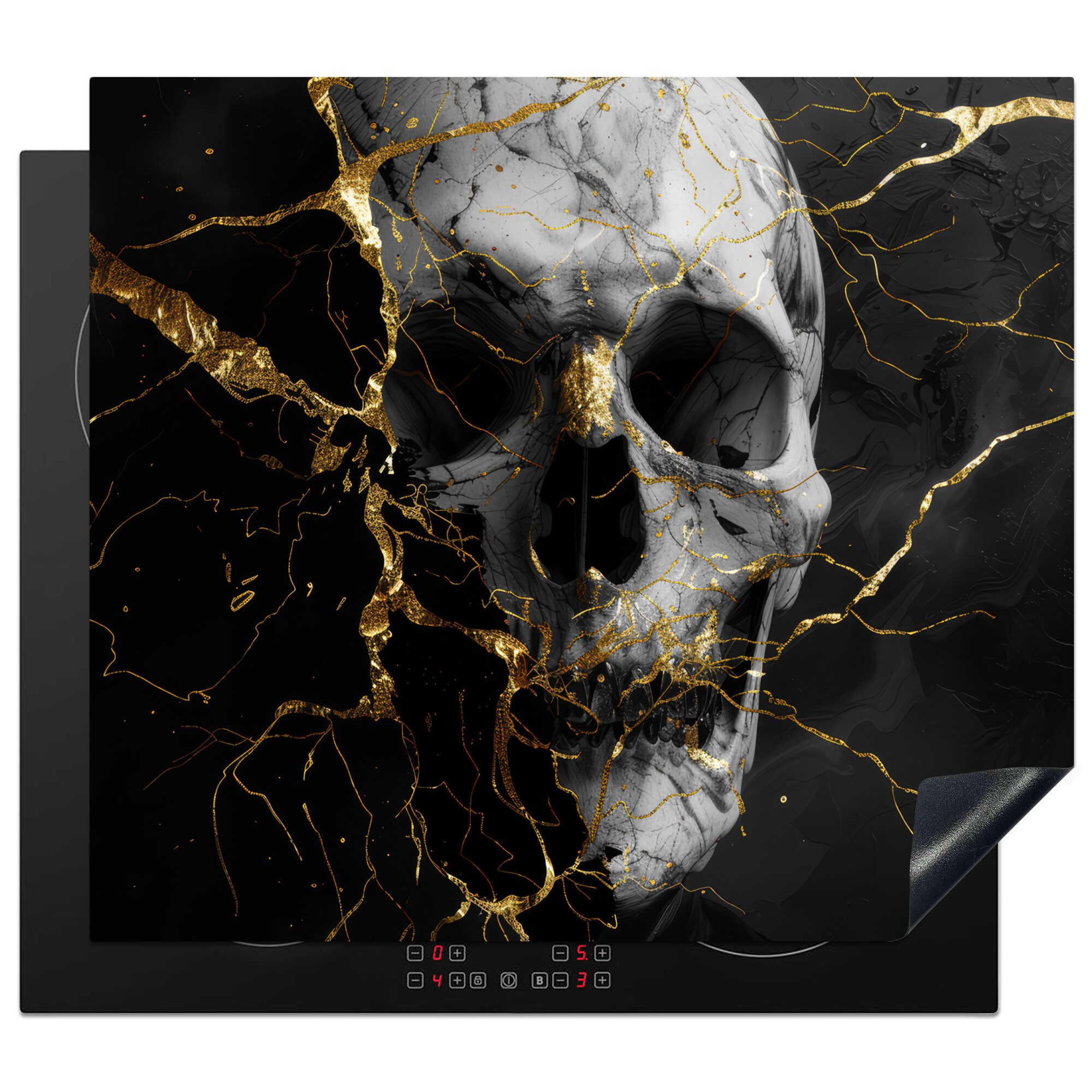 MuchoWow Herd-Abdeckplatte Gold - Abstrakt - Totenkopf - Gruselig - Tod, Vinyl, (1 tlg), Abdeckplatte für Ceranfeld, Herd Inductionsmatte, 60x50 cm