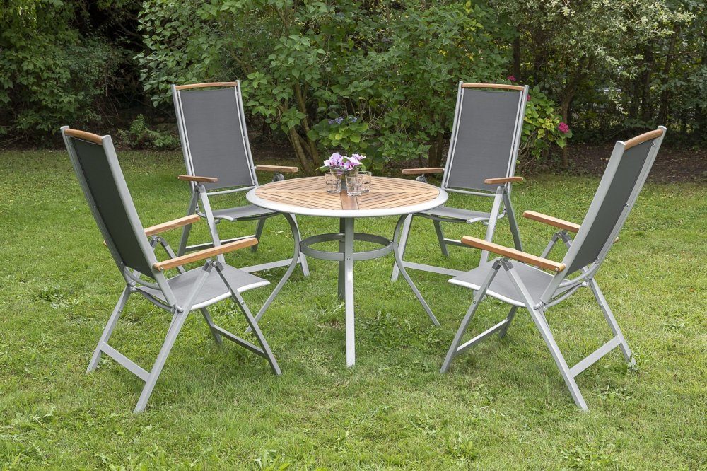 MERXX Garten-Essgruppe Siena, (Set, Tisch, 4 Sessel, Aluminium mit Textilbespannung und Akazienholz), bestehend aus 4 Sesseln und 1 Tisch
