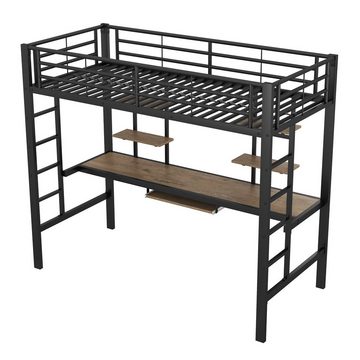 Ulife Hochbett Schwarz Metallbett mit Schreibtisch und 2 Bücherregalen ohne Stuhl 90x200cm