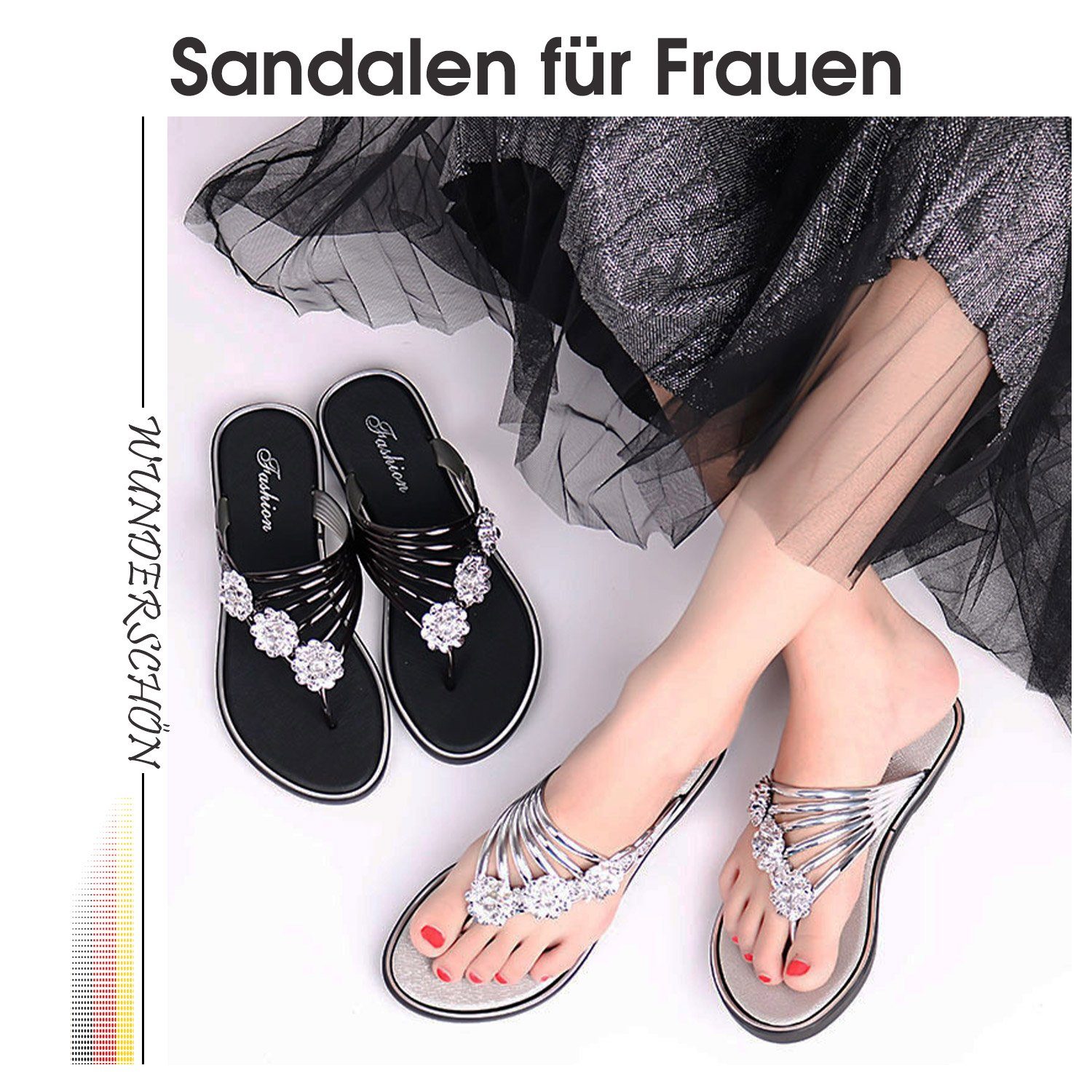 Sandale Schmuckelementen Zehentrenner mit grau MAGICSHE mit Zehensteg Hausschuhe