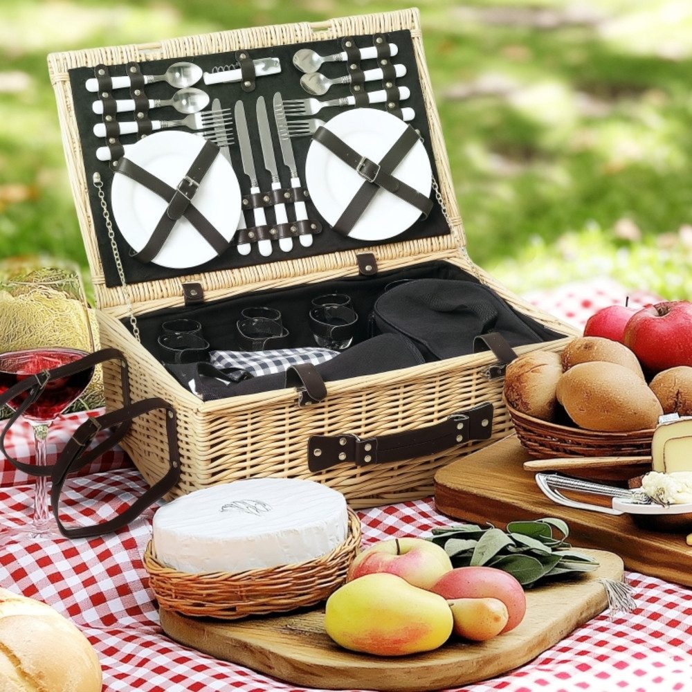 CHICFURN Picknickkorb Picknickkoffer aus Weidenholz für 4 Personen mit Kühlfach (Packung, 1 St., Inklusive Besteckset, Picknickdecke und Zubehör für Camping & Strand), Komplettes Picknickset aus Naturholz für Freizeit und Reisen