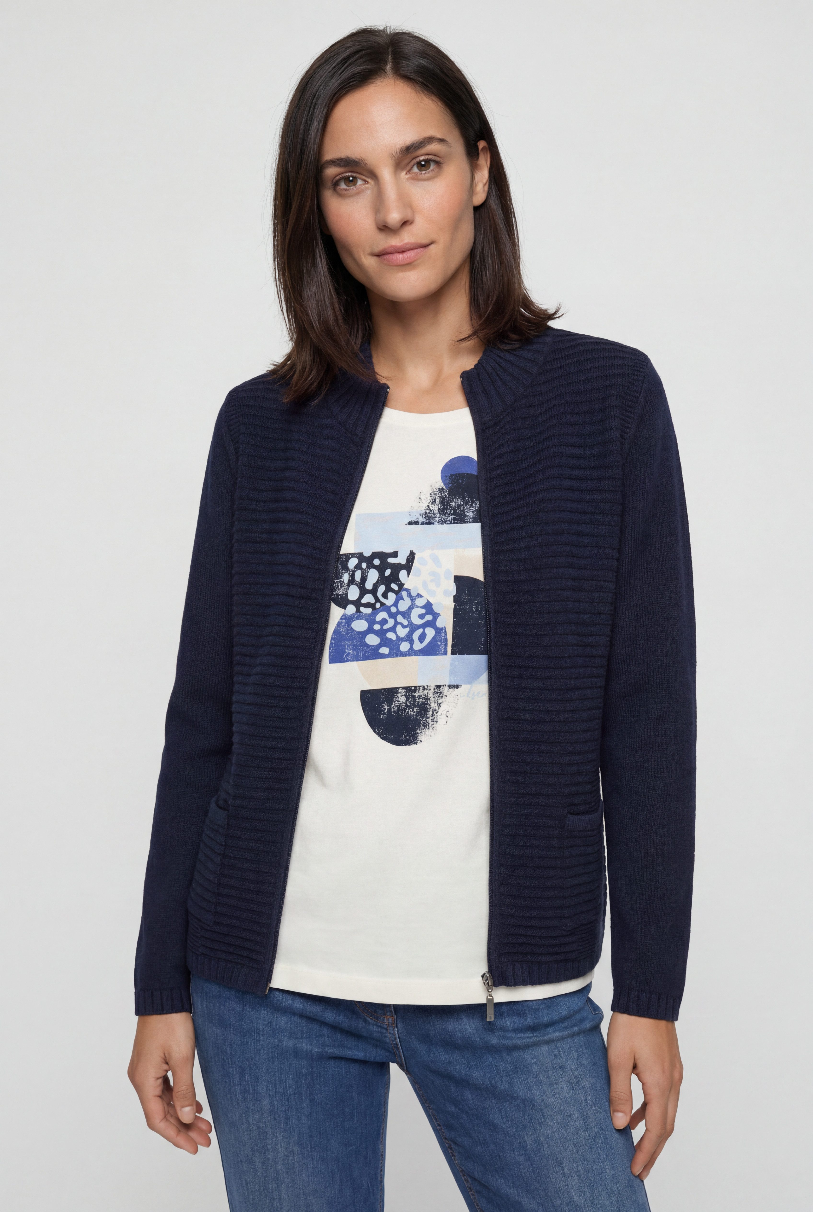 Olsen Cardigan mit Strukturstrick und Reißverschluss Weiche Strickjacke