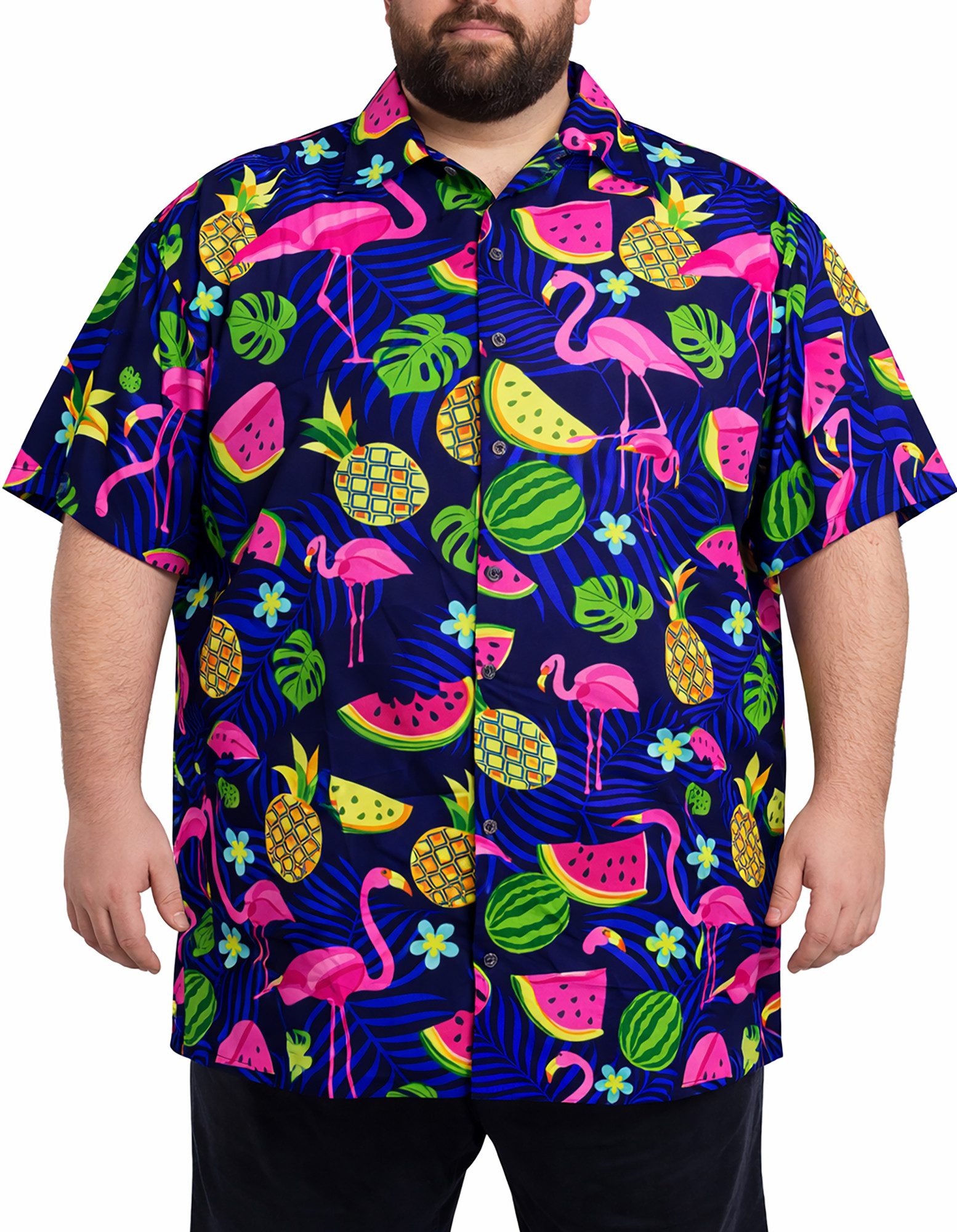 King Kameha Hawaiihemd Flamingo Melone Übergrößen 7XL-12XL Sommerhemd Kurzarm Front-Tasche
