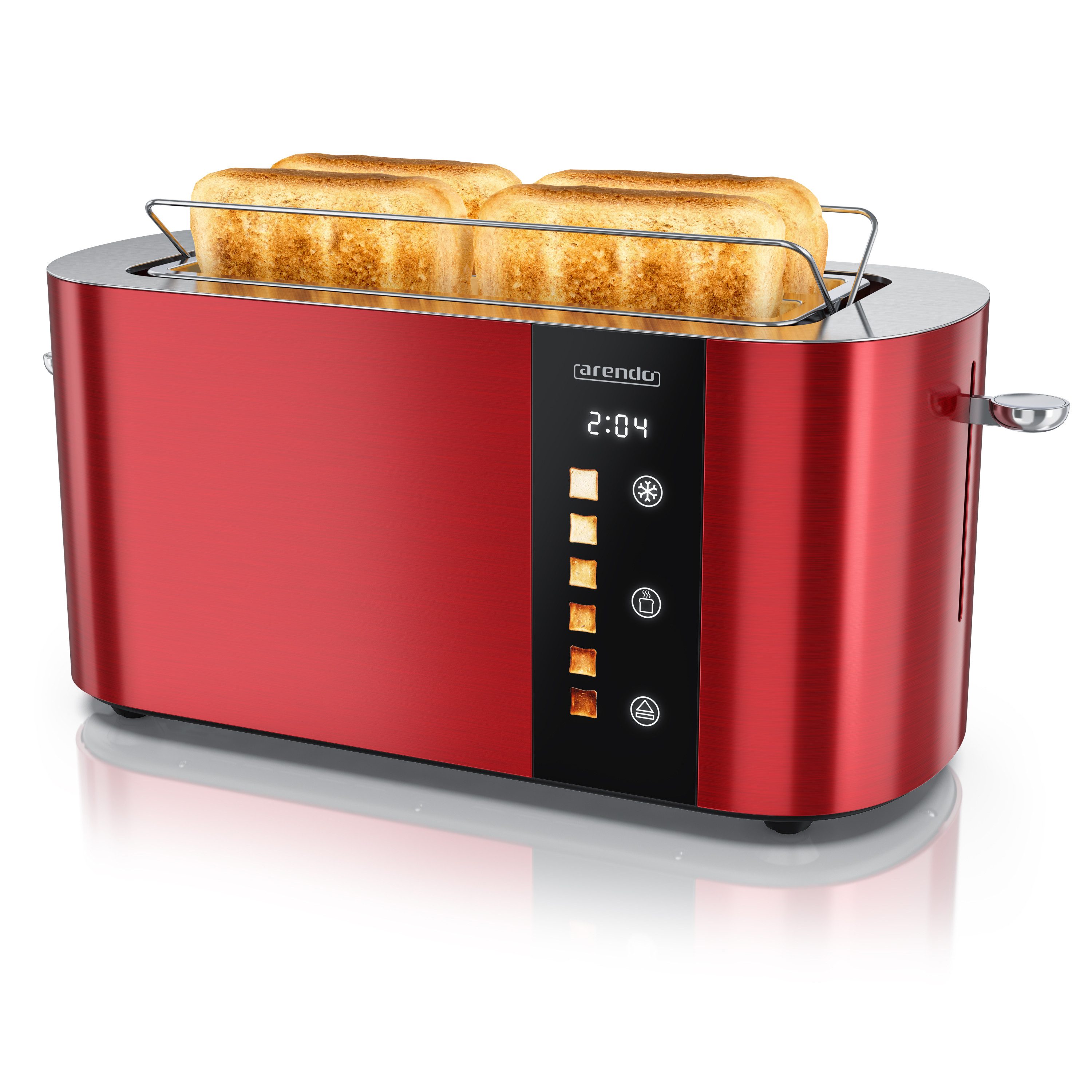 Arendo Toaster Edelstahl 4-Scheiben Langschlitz, Touch, Restzeit Bräunungsgradanzeige, 2 lange Schlitze, für 4 Scheiben, 1500 W, Brötchenaufsatz, Wärmeisoliert, Toast-Symbole für Bräunungsgradauswahl
