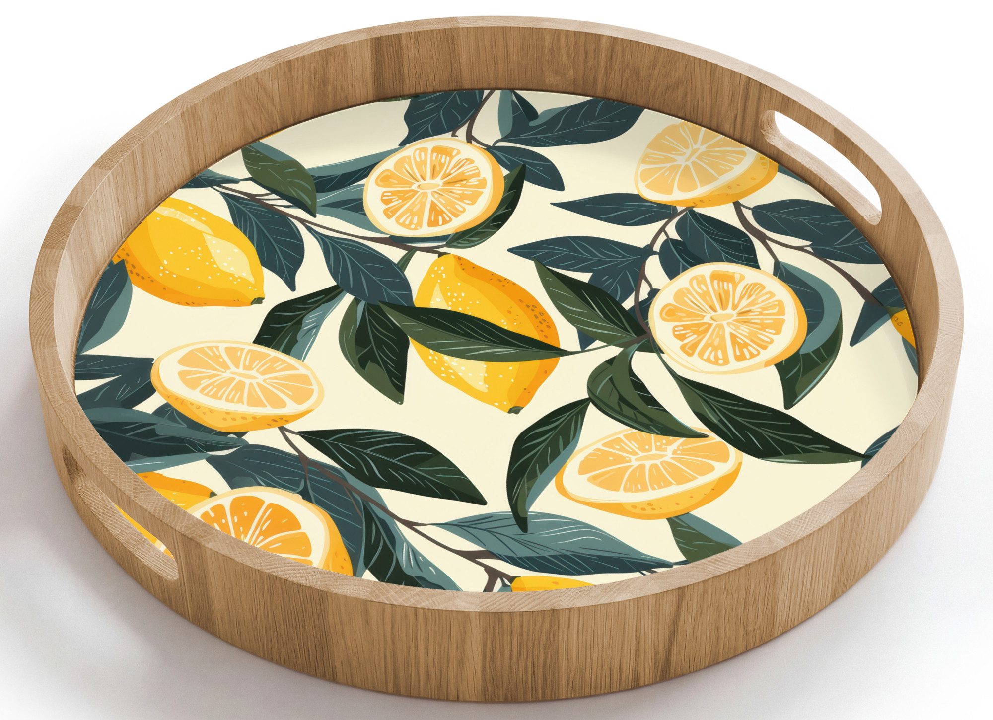 OnlyWow Tablett Rund mit Henkel Zitronen - Früchte - Blätter - Gelb - Grün - Beige, Eichenholz, (1-tlg), Siervierplatte, Tray, Frühstücksbrett