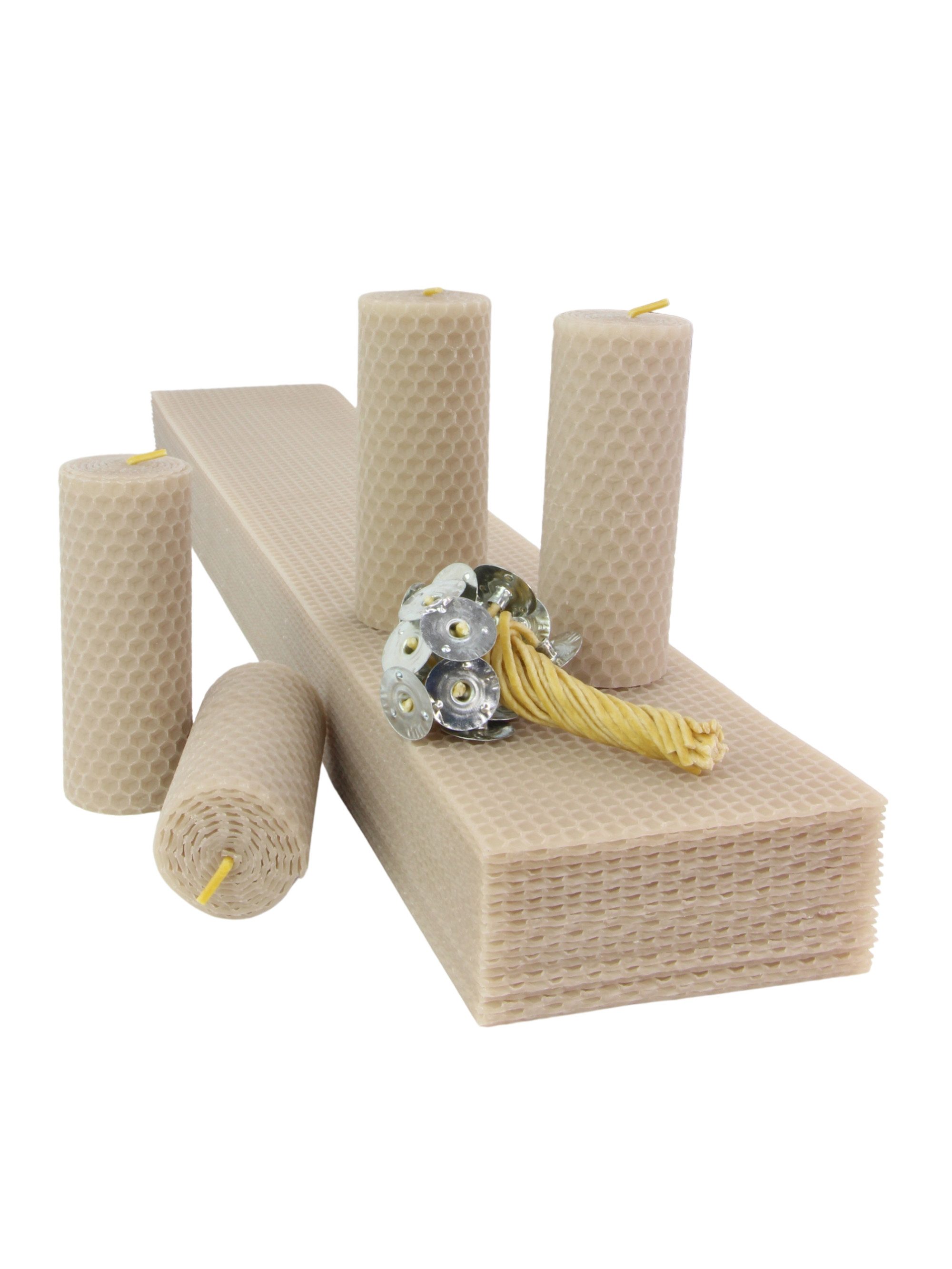 Wachsmann Bienenprodukte Bienenwachsplatten 60 x 10 cm für Stumpenkerzen (20 Wachsplatten + 20 Hanfdochte), 100% reines Bienenwachs