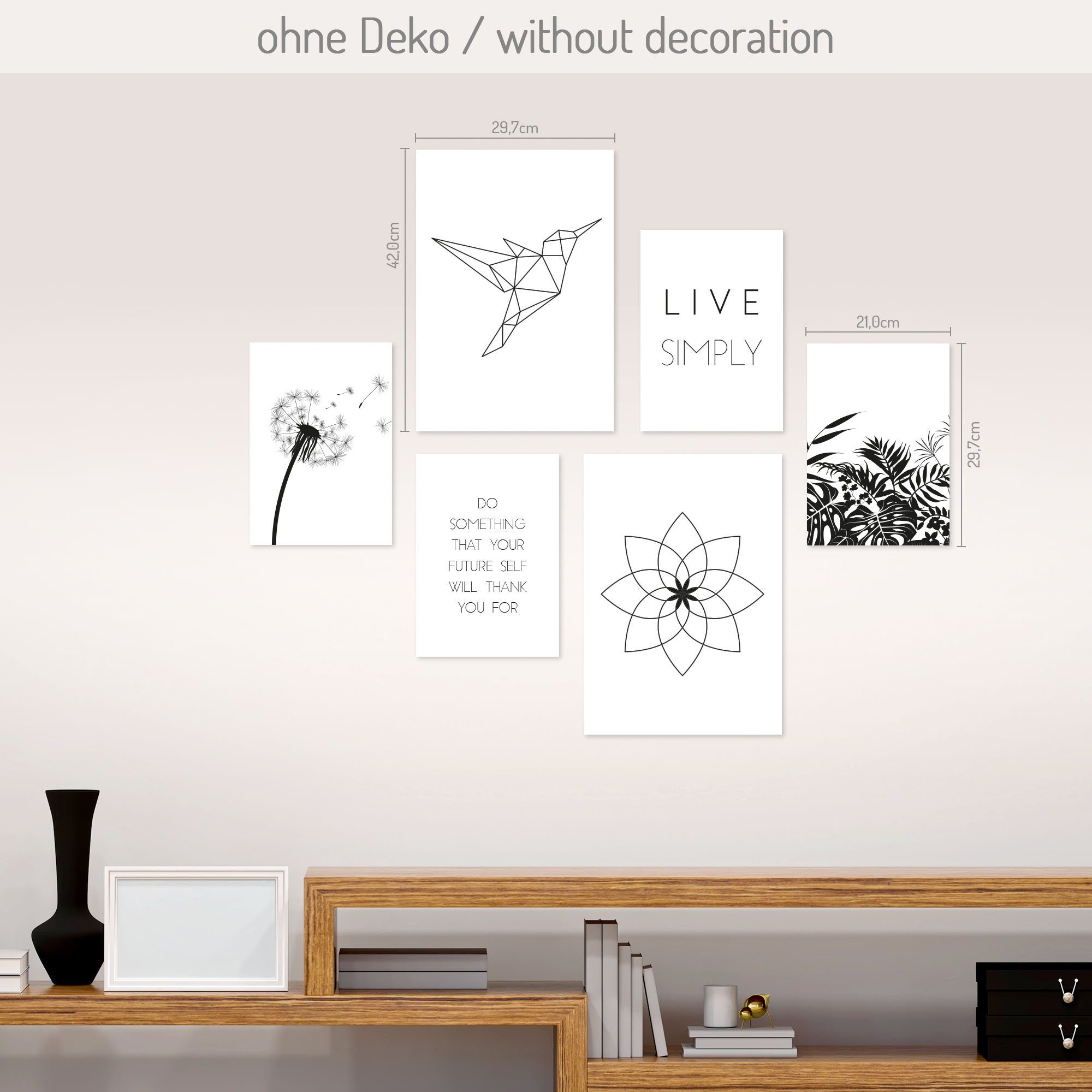 Kreative Feder Poster, Natur, Minimalismus, minimalistisch, schwarz-weiß, modern, Inspiration (Set, 6 St), 6-teiliges Poster-Set, Wandbild, Posterwand, optional mit Rahmen