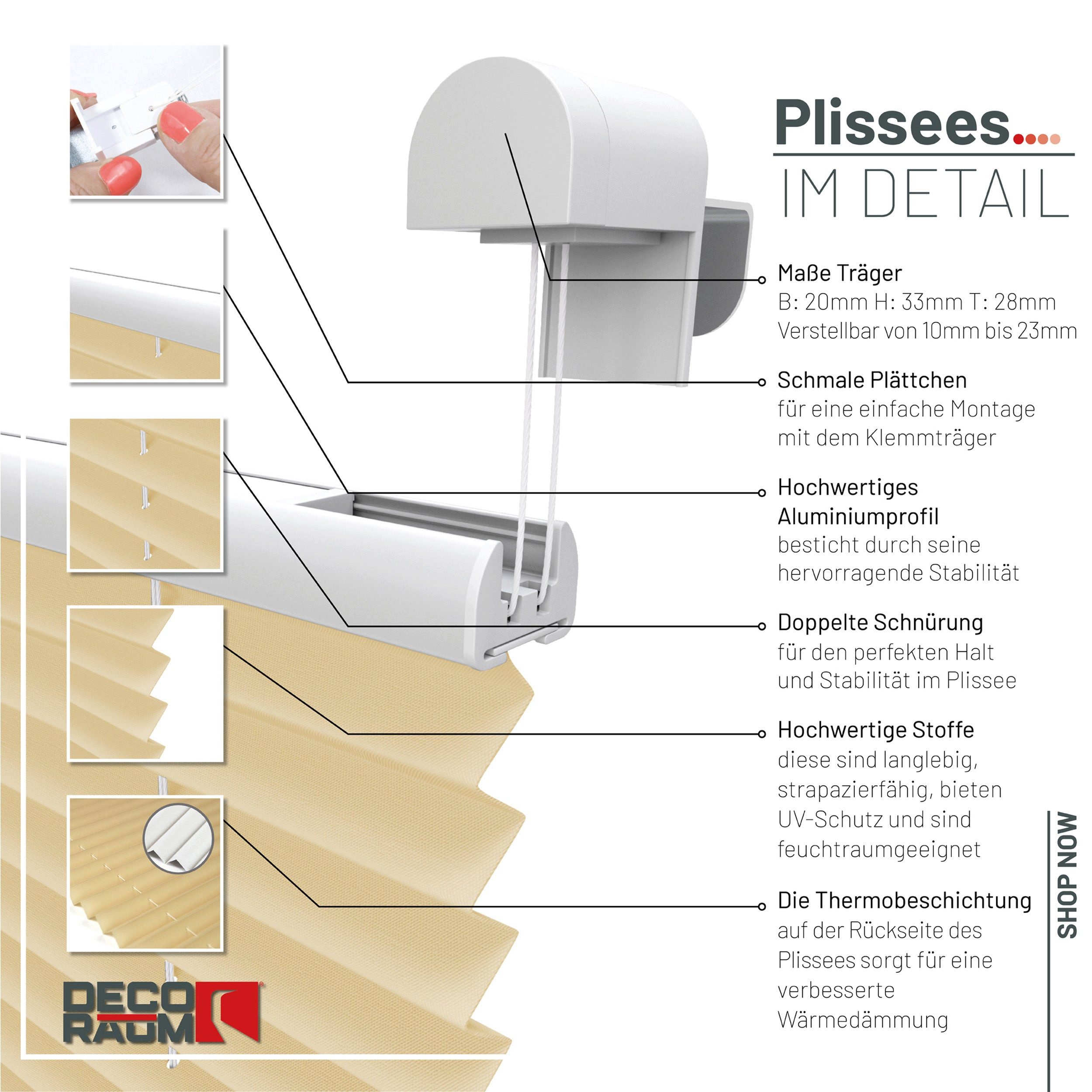 Deco-Raum Plissee Thermo Basic, abdunkelnd, Klemmträger, auf dem Fenster-/Türrahmen, Klemmfix, einfache Montage, in verschiedenen Farben und Größen ohne Bohren