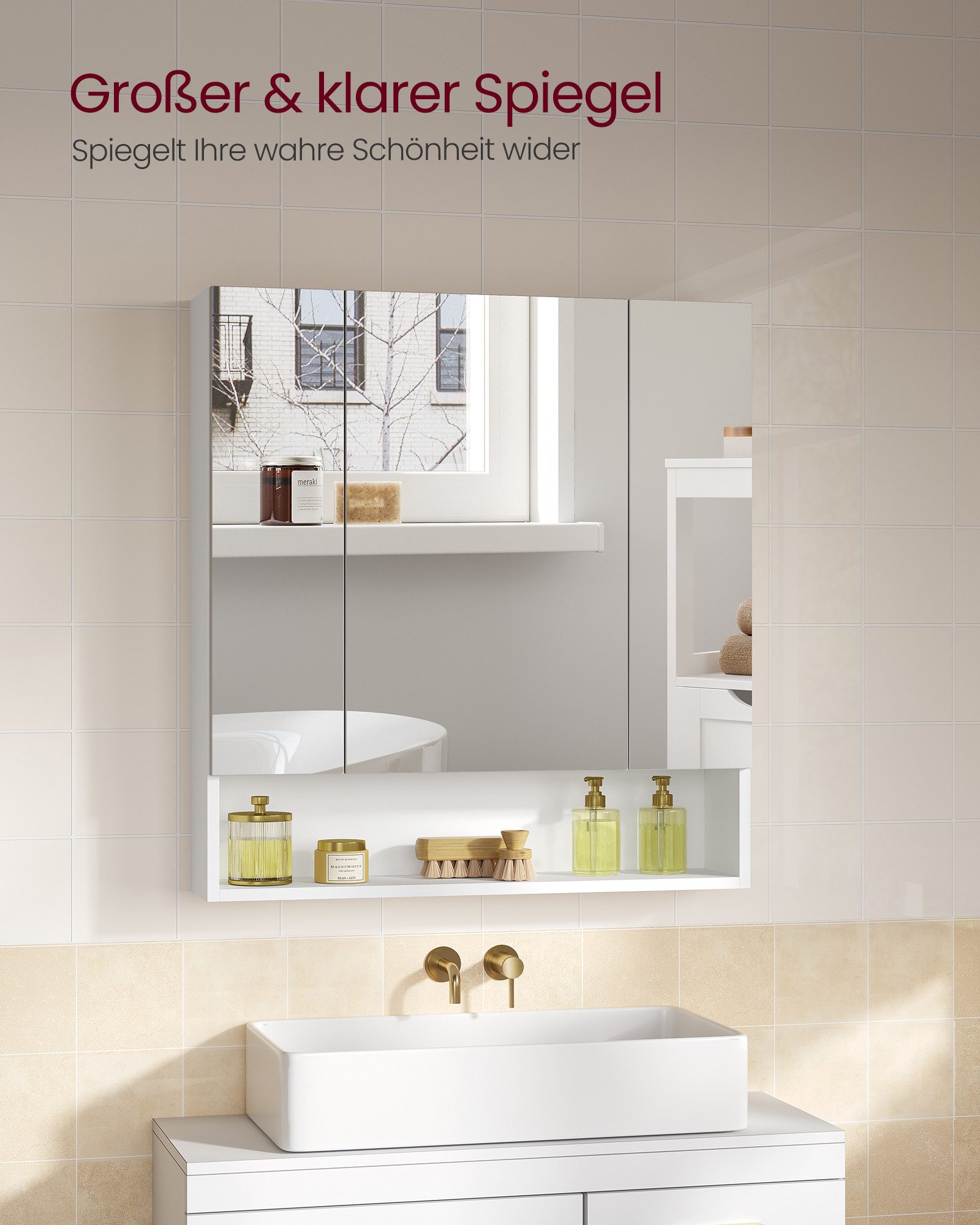 VASAGLE Spiegelschrank Badschrank Breite 70-90cm, mit 3 Türen, offenes Fach, verstellbare Ablagen