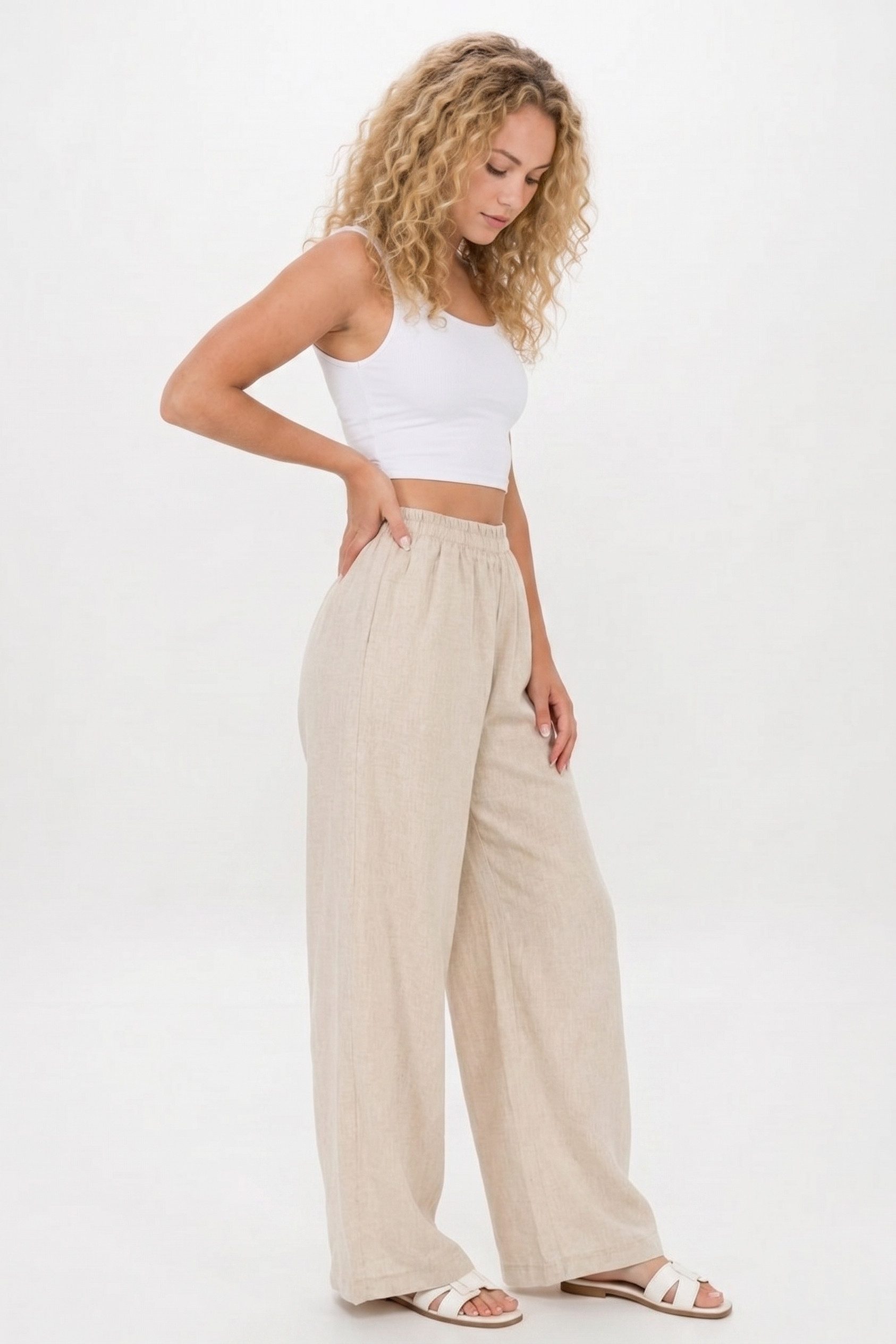 Kendindza Collection Leinenhose Sommerhose Damen leicht Locker weite Leinenhose Sommer Hose lang 100% Leinen, elastischer Gummibund, weites Bein Palazzo-Schnitt