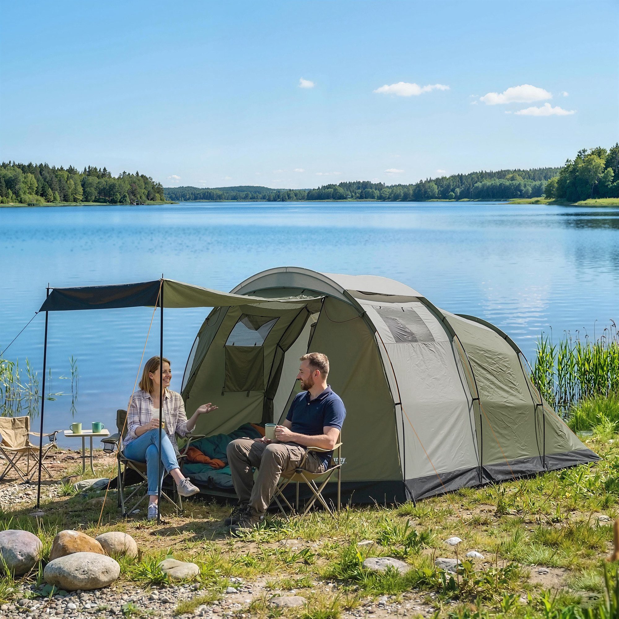 Outsunny Kuppelzelt Schlafkabine Tunnelzelt mit Vorraum 3000mm Wassersäule, Personen: 4 (Campingzelt, 1 tlg., wasserdicht Familienzelt), für Camping Reise, Grün