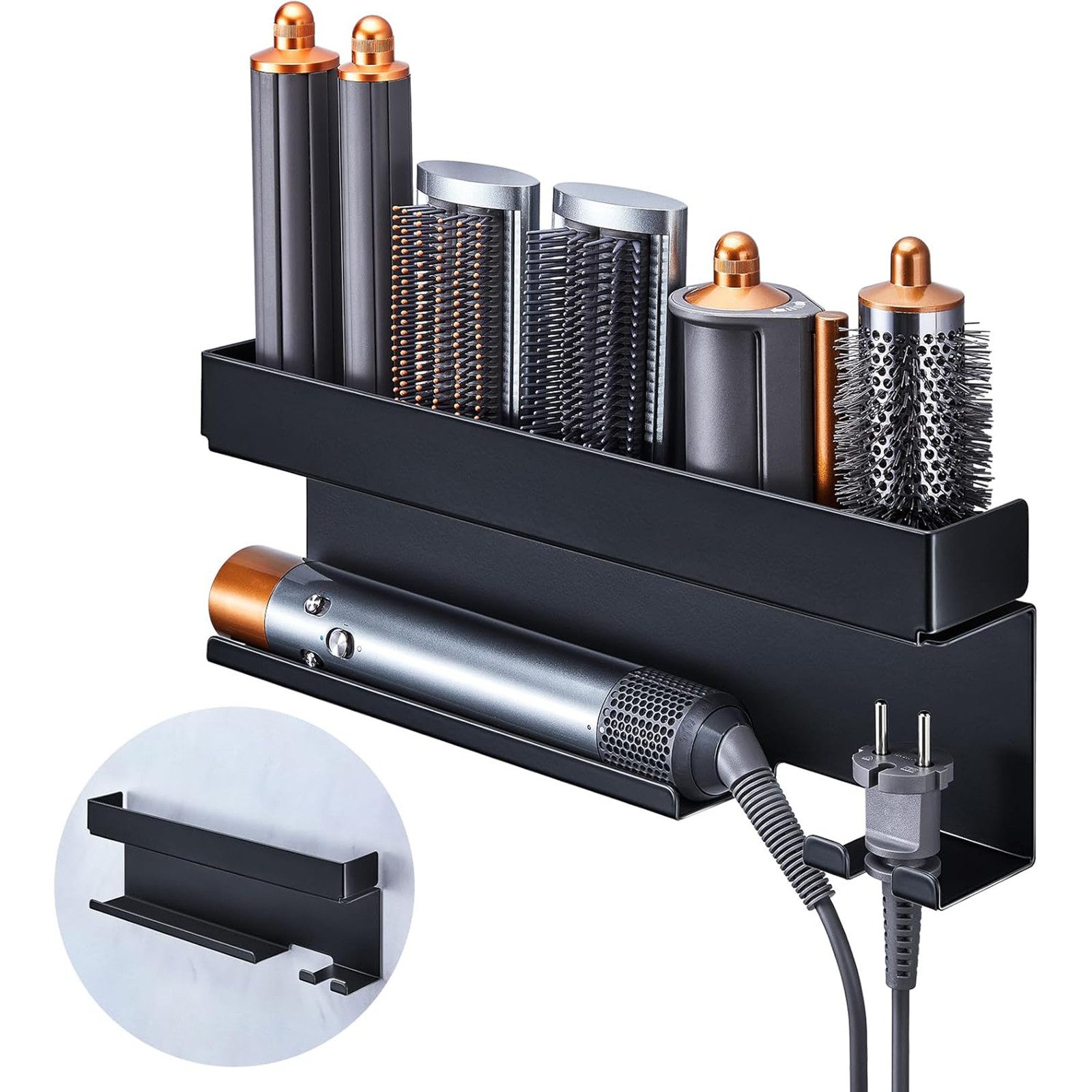 SURFOU Haartrocknerhalter und Glätteisenhalter für Wandhalterung, (Aufbewahrungsregal für Glätteisen, Lockenstab, Zubehör, Aluminium)
