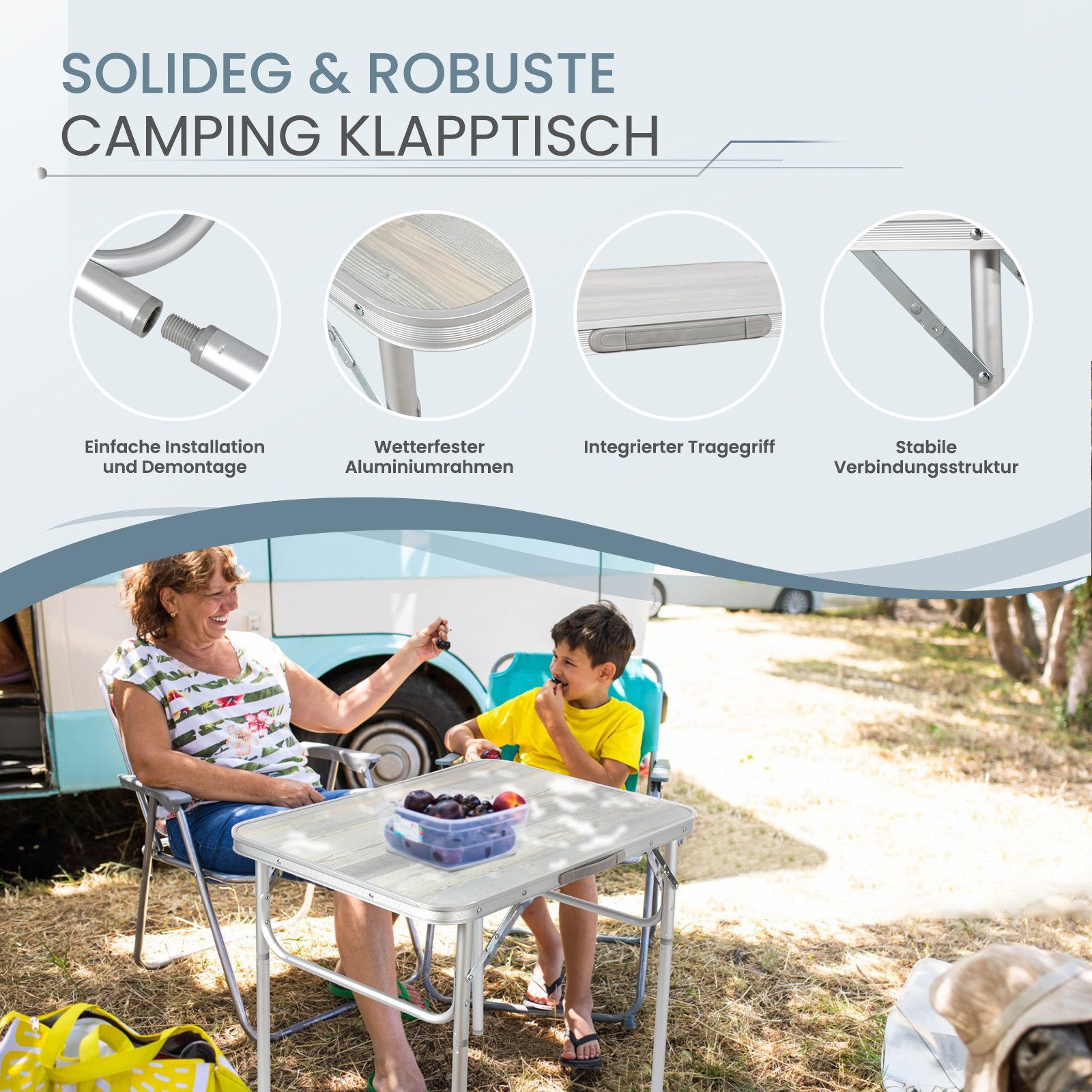 HOMECALL Campingtisch Klapptisch Faltbarer Gartentish Balkontisch (Verstellbare Höhe und Tragegriff), Superleicht aus Aluminium – Bild 4 von 5