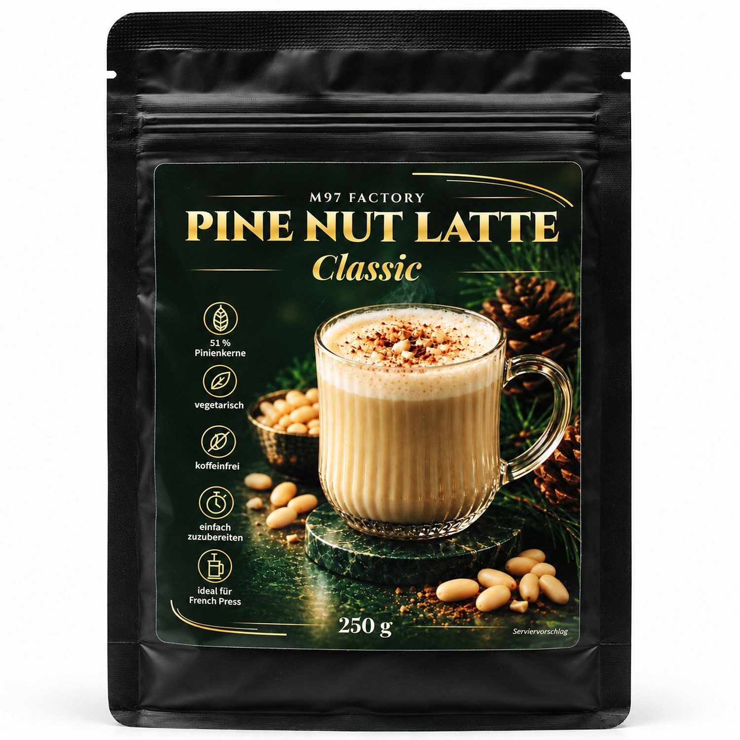 Kaffeeersatz, 1 x 250 g, Pine Nut Latte Classic – Pinienkern-Latte Getränkepulver mit 51 %