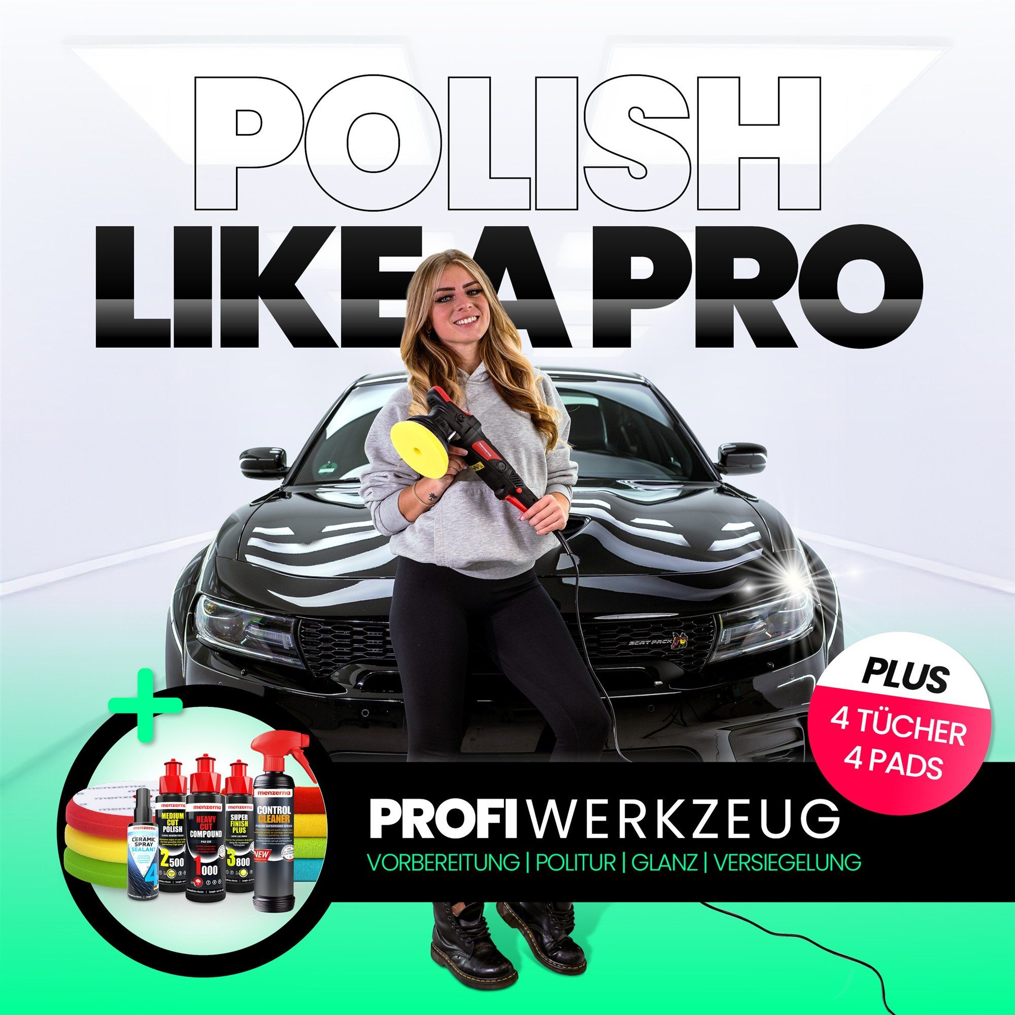menzerna Exzenter Poliermaschine Autopoliermaschinen Set MZ-XR Deluxe, Ø 125 mm, mit Heavy Cut, Medium Cut, Super Finish Plus Politur