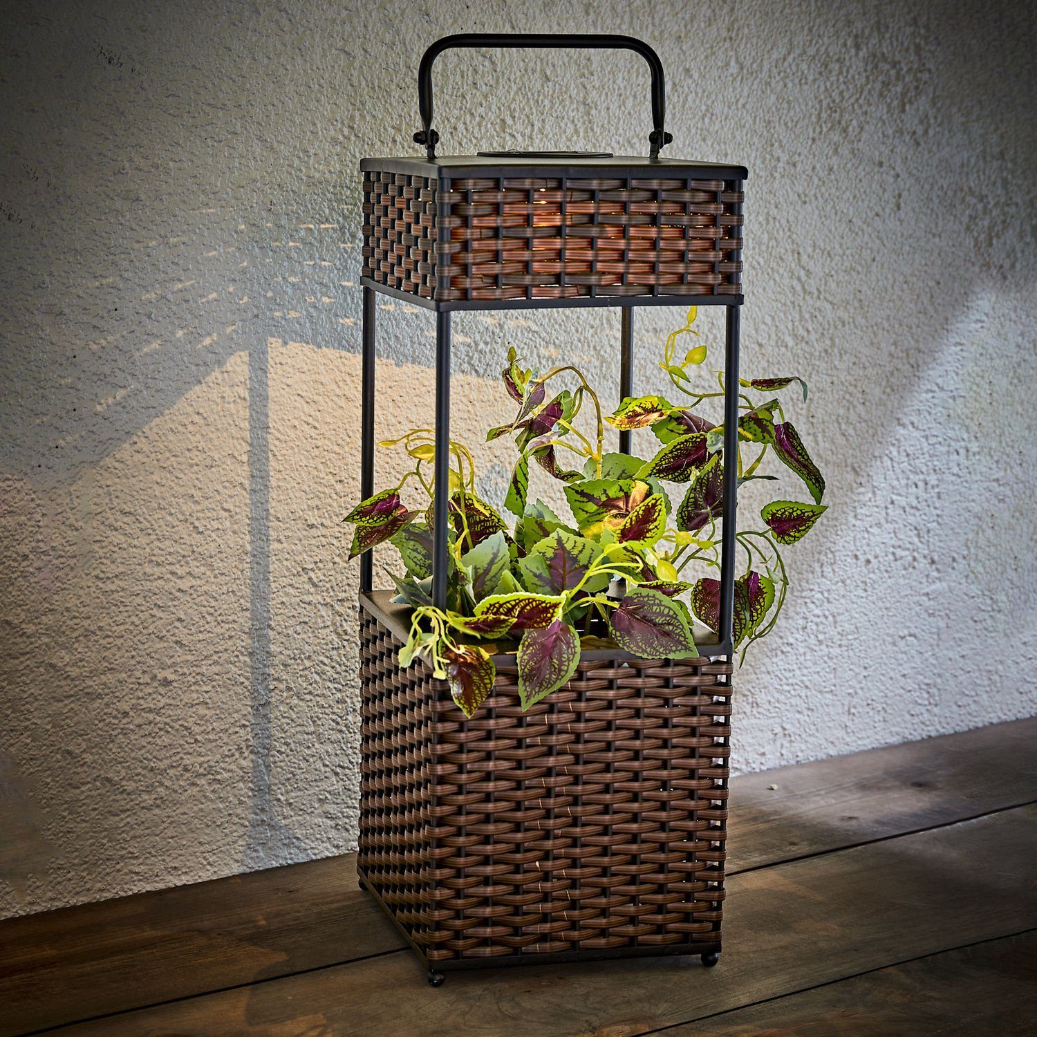 Beleuchteter x Blumensäule Rattan cm, weiß, braun LED mit warm - Blumentopf Spetebo Ein-/Ausschalter, 19 50 Griff LED Laterne Solar LED, Ständer