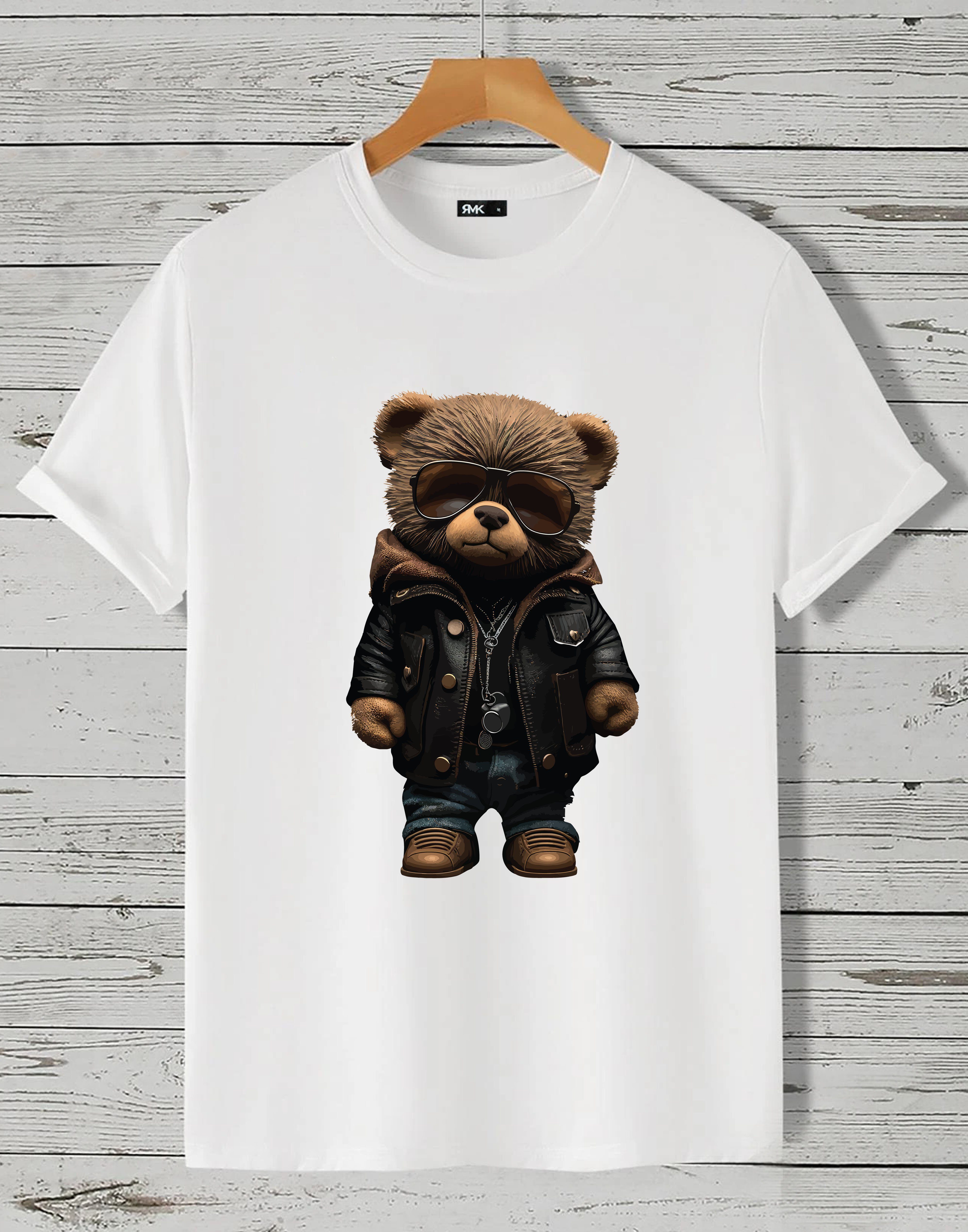 RMK T-Shirt Herren Shirt Rundhals (Teddybär Sonnenbrille Basic Druck Baumwolle in Weiß Unifarbe, mit Print, Lederjacke) lizenziertem aus