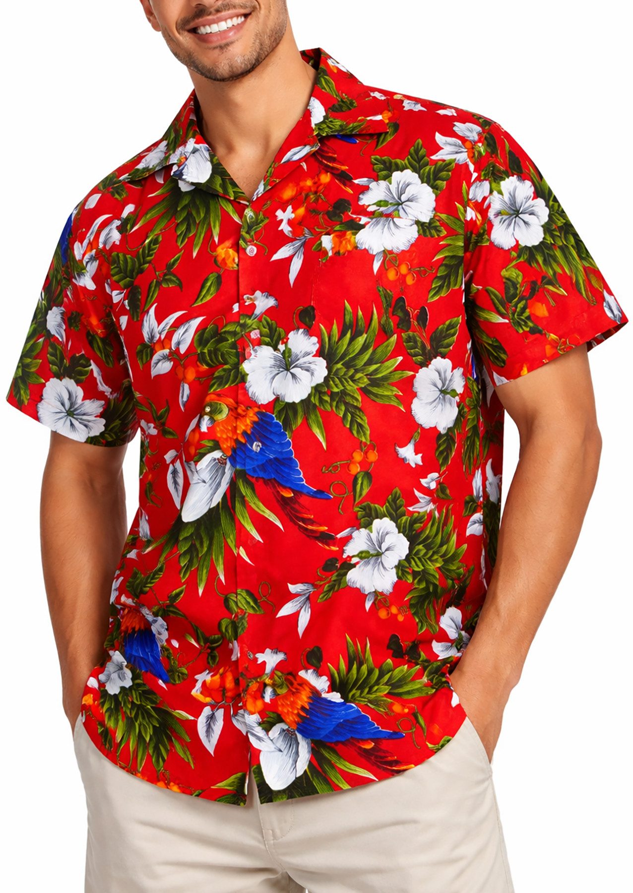 King Kameha Hawaiihemd Cherry Parrot Funky Hawaii-Hemd Herren Kurzarm Front-Tasche Sommerhemd