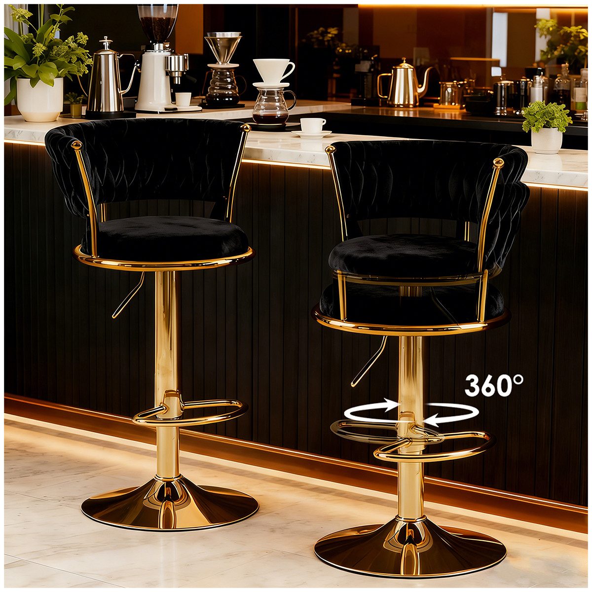 YVMOOEC Barhocker Barhocker höhenverstellbar mit Samtbezug und Rückenlehne (Set, 2 St., Ideal als Barstuhl für Küche, Bar und Caf), 360° drehbar mit Armlehnen, Fußstütze und ergonomischem Design