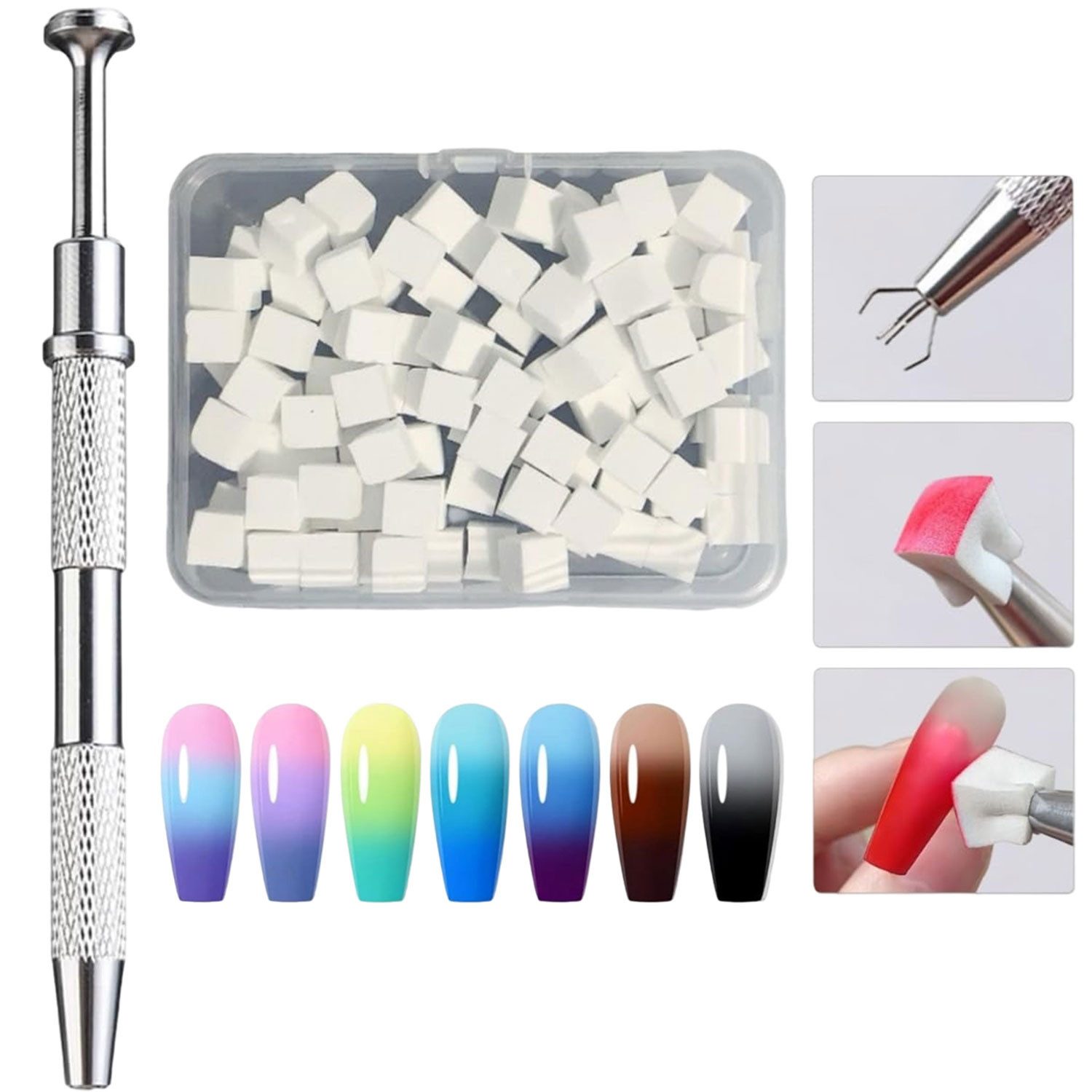 Refttenw Nageldesign Zubehör 100 tlg Nagelkunst Schwämme und Metall-Greifer, für Rendering und Gradient Nageldesign