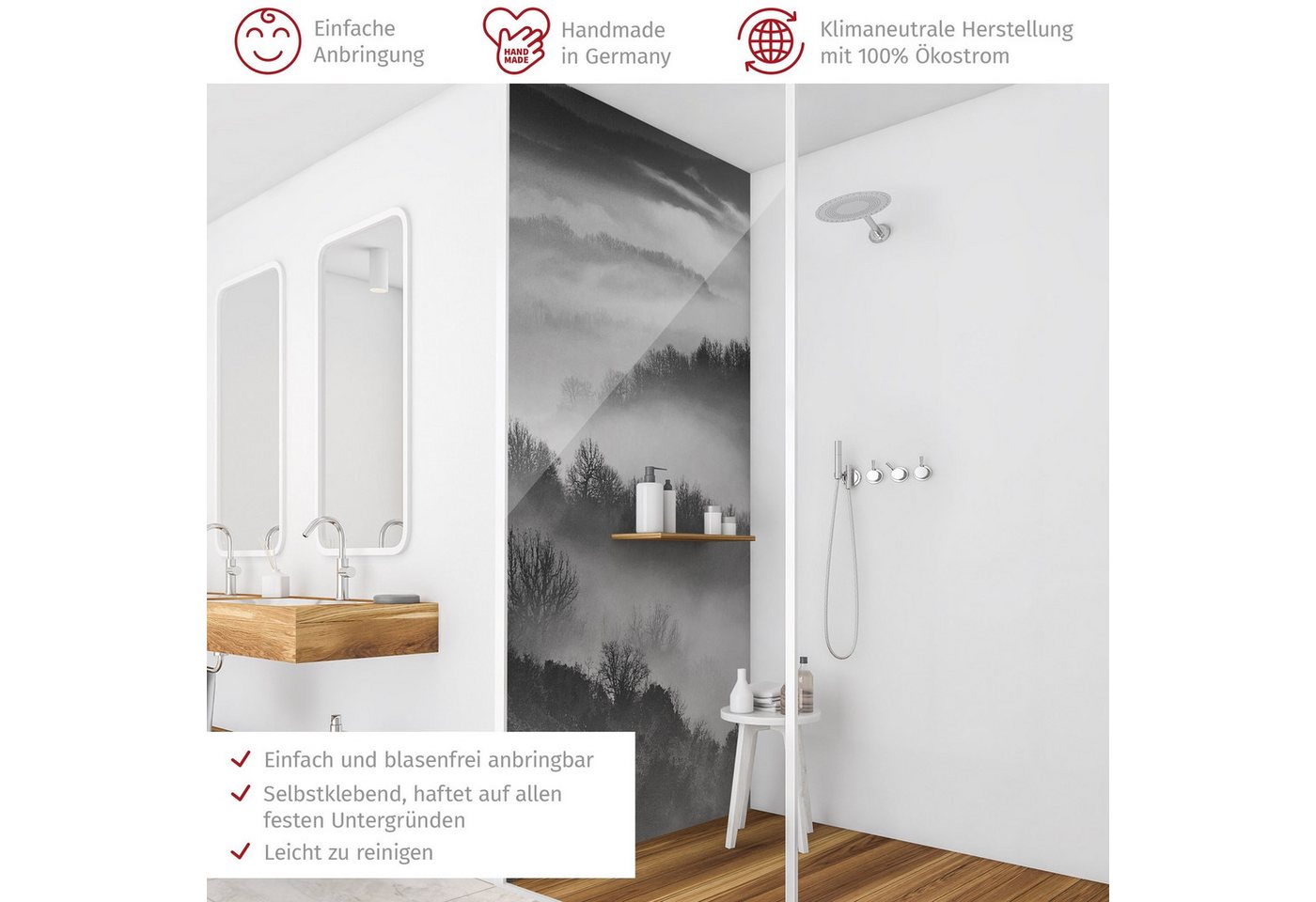 Thumbnail - Bilderdepot24 Badrückwand Wald schwarz weiß Duschrückwand ohne Bohren Dusche Natur, (1-tlg., Hart-Folie Premium matt 0,6...