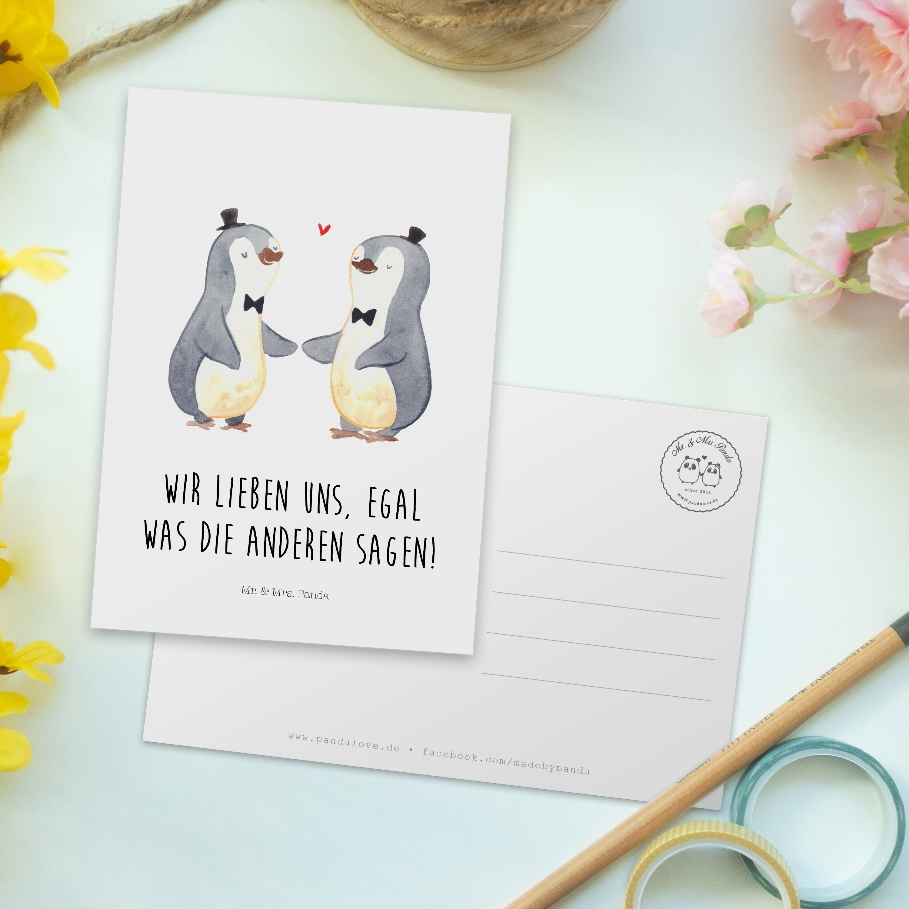 Mr. & Mrs. - Pinguin Pride Panda Hochzei Weiß Geschenk, Postkarte Gay Pärchen Einladungskarte, 