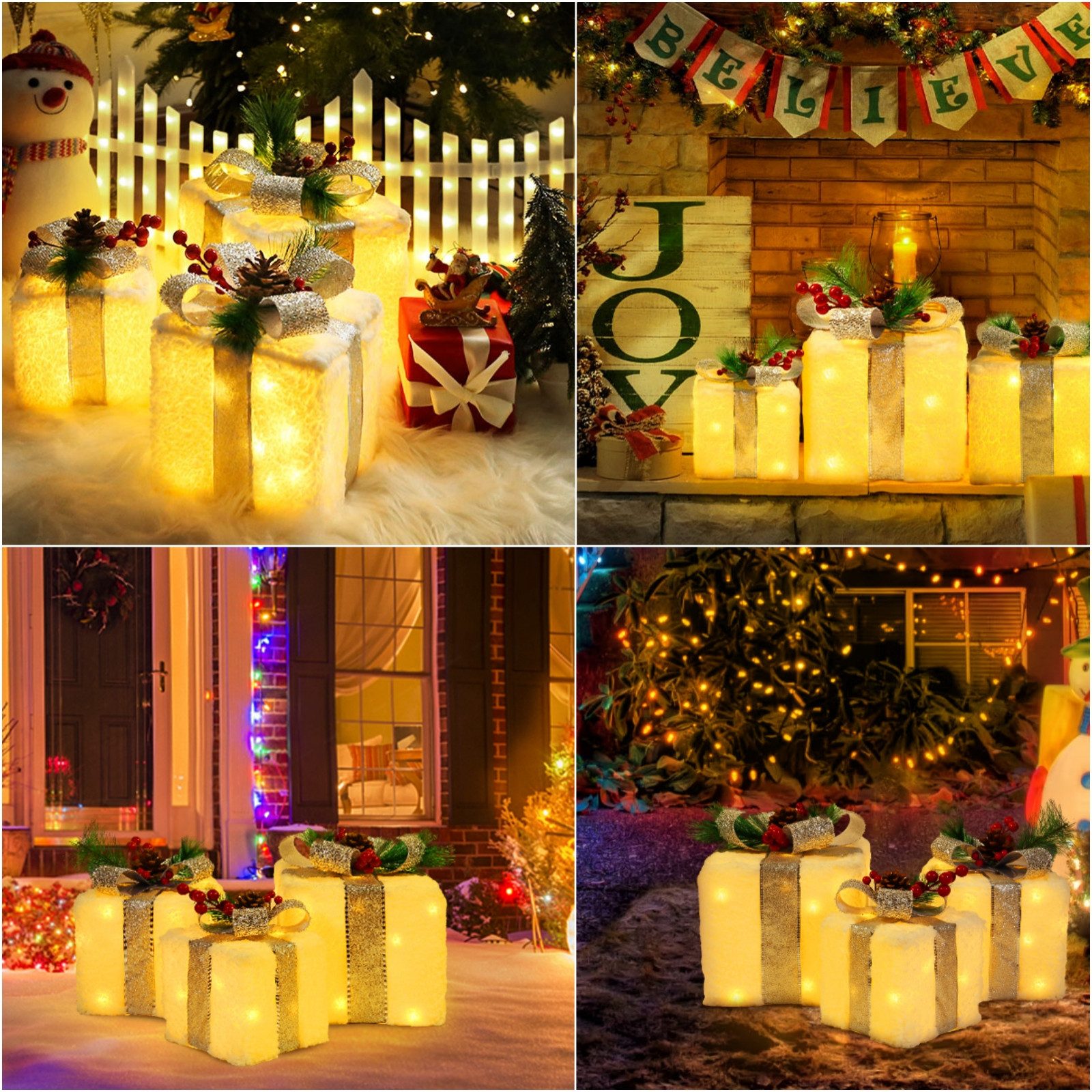 Elegear Weihnachtsfigur 3er Set LED Geschenkbox Weihnachten, Weihnachtsdeko mit Stecker, Timer (3 St), 60 warmweiße LEDs, Weihnachtsbeleuchtung für Baum, Fenster & Innen