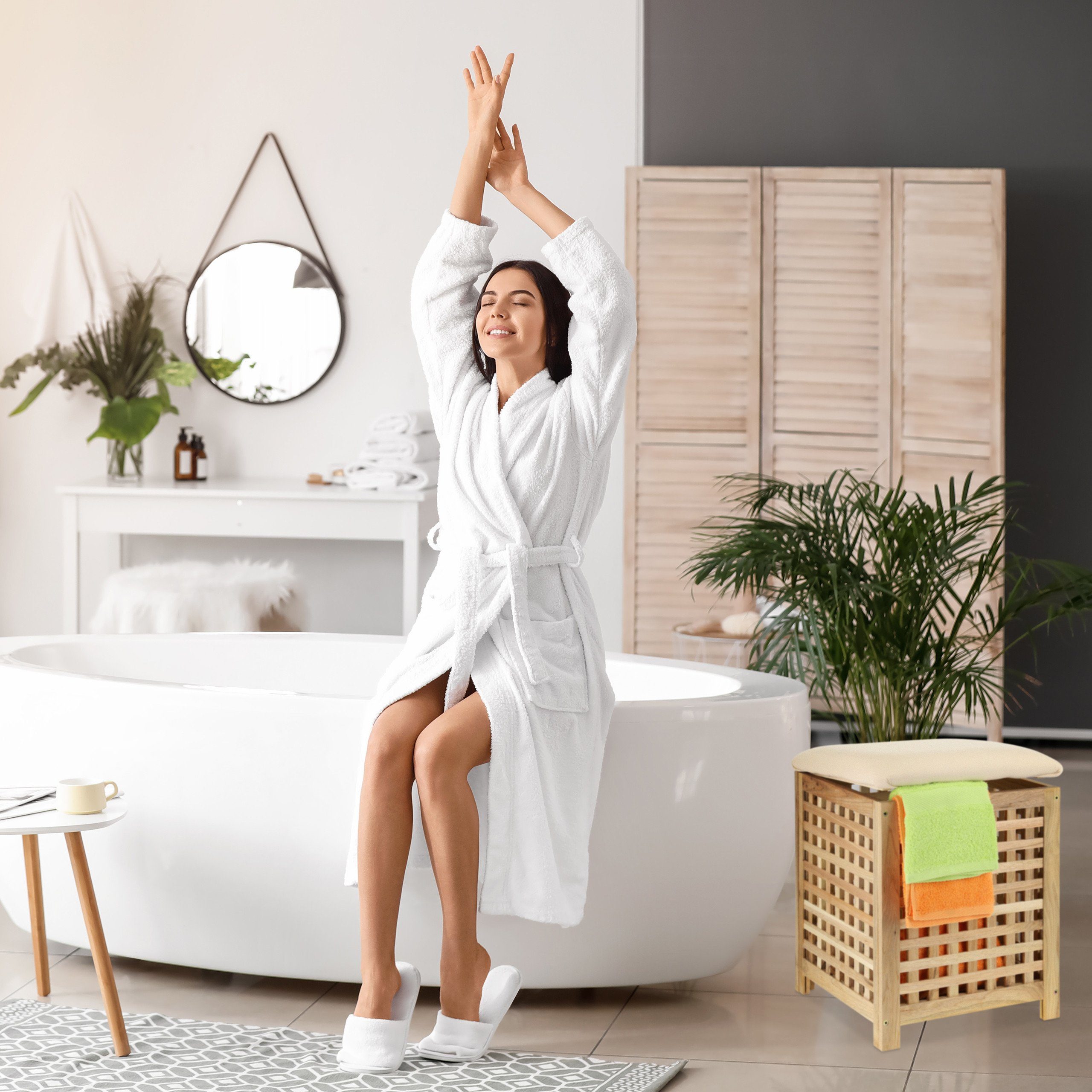 relaxdays Wäschekorb mit Sitz Walnuss