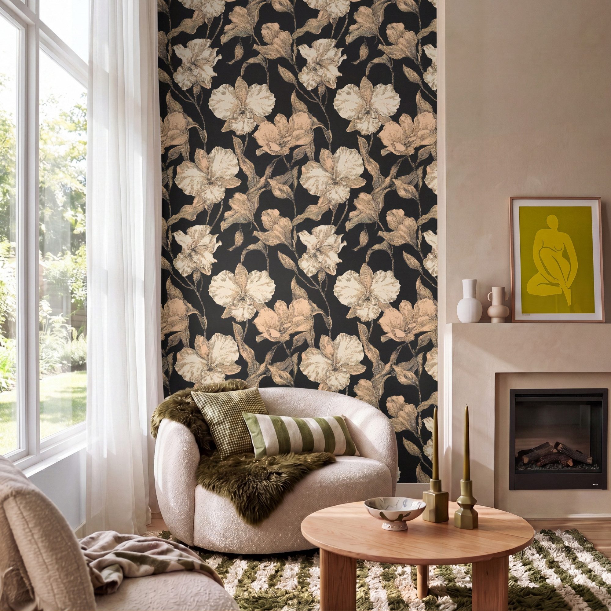 OnlyWow Fototapete Orchideen - Strichzeichnung - Muster - Beige - Schwarz, bedruckt