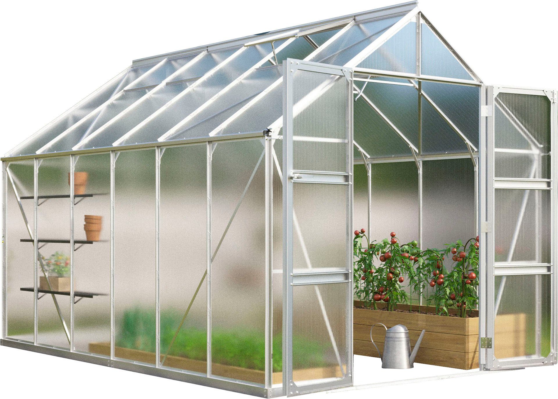 Vitavia Gewächshaus Domus 9900, BxTxH: 257 x 387 x 253,9 cm, 4 mm Wandstärke, mit Doppelschwingtüren und bodentiefer Türschwelle, 4 mm Hohlkammer silberfarben