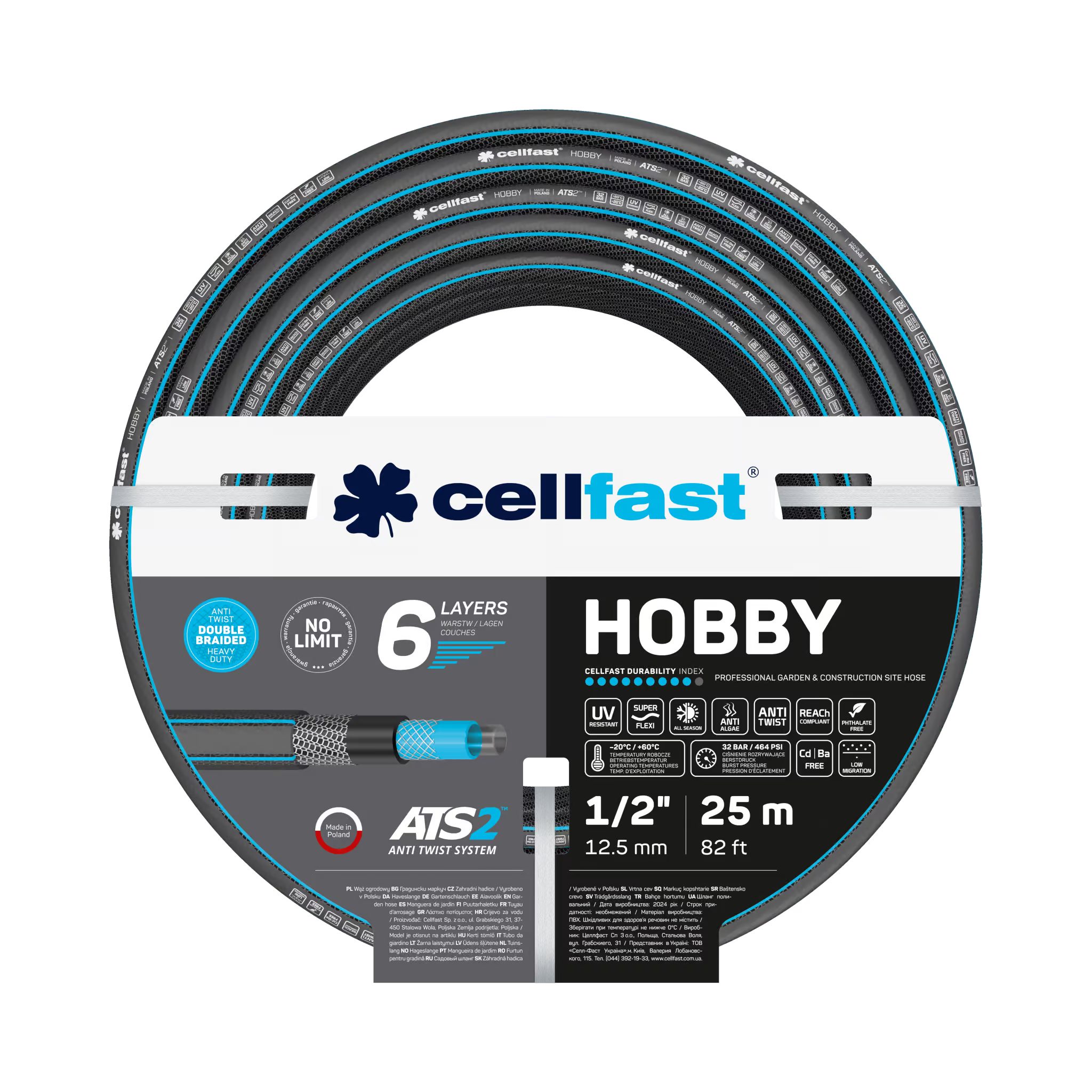 Cellfast Gartenschlauch HOBBY 1/2" 25 m 6-lagig, universal nutzbar, 1/2 Zoll (12,5 mm), verdrehgeschützt