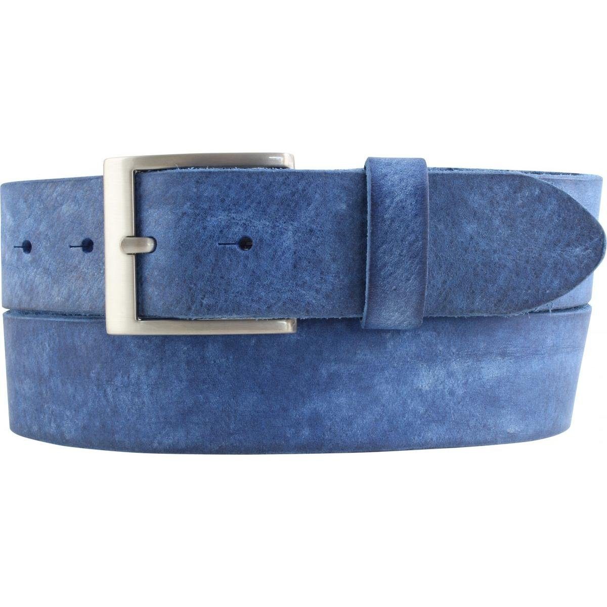 BELTINGER Ledergürtel Herren-Gürtel aus weichem Vollrindleder Vintage-Look 4 cm - Jeans-Gürt weiches Leder, Gürtelschnalle in Altsilber, Vintage Blau, Silber