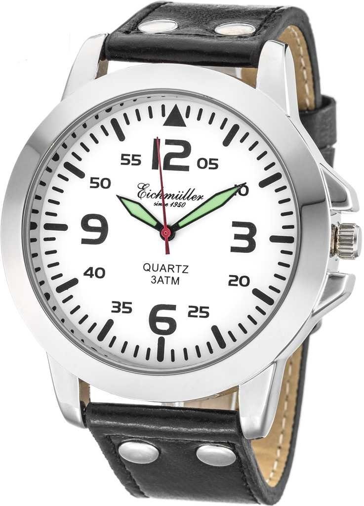 Eichmüller Quarzuhr Herrenuhr mit weißem Zifferblatt, schwarzem Lederband & günstig online kaufen