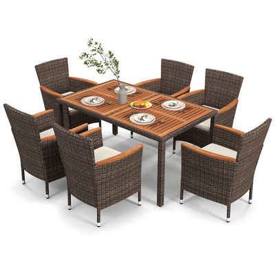 COSTWAY Garten-Essgruppe, 7-tlg, Tisch & 6 Stühle mit Kissen, Rattan, Akazien