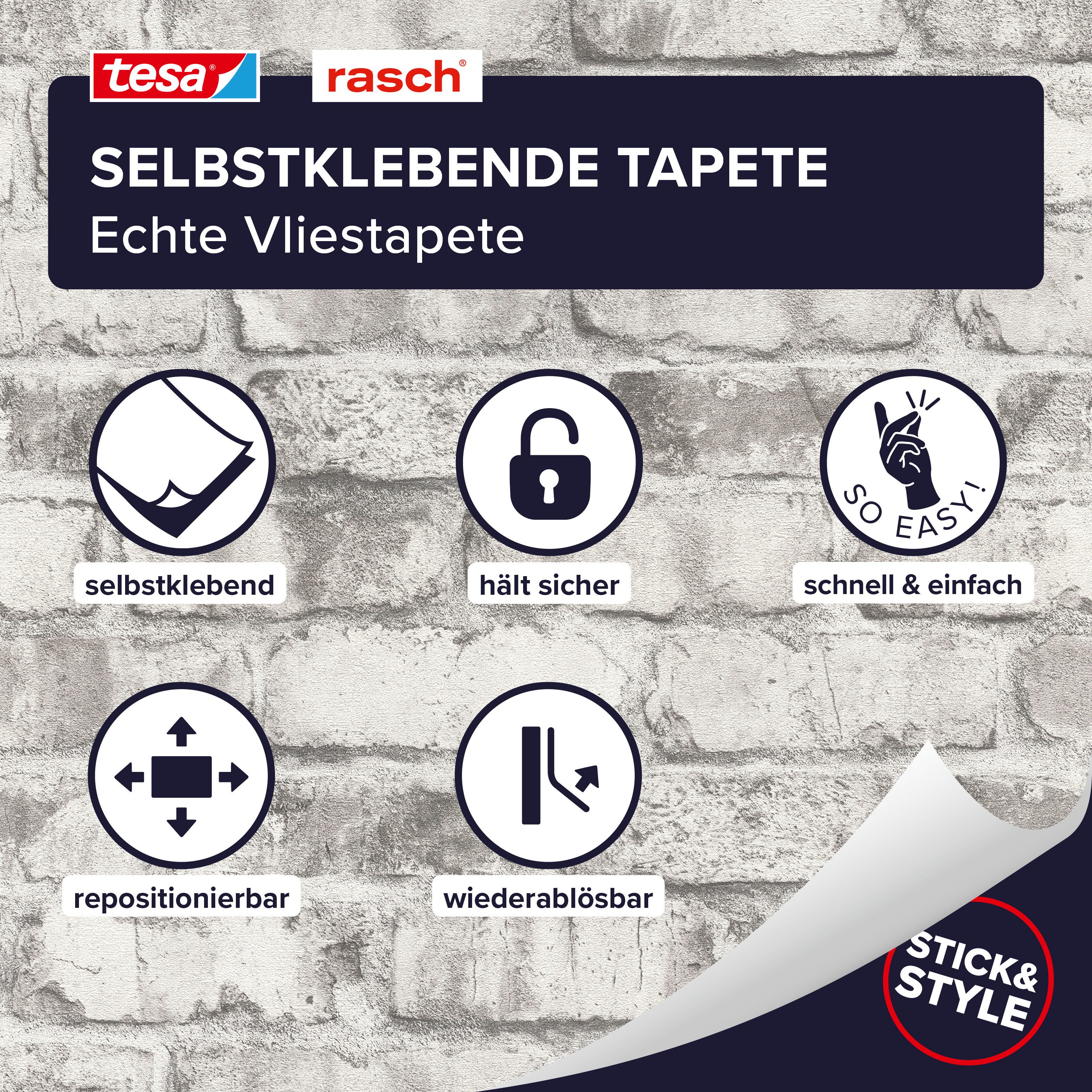 Rasch Vliestapete Clayton - Selbstklebende Tapete Mauerwerk von tesa® x rasch®, strukturiert, Steinoptik, Ziegel, Steinmauer, Mauer, (1 St), selbstklebend, 6,00m x 0,53m