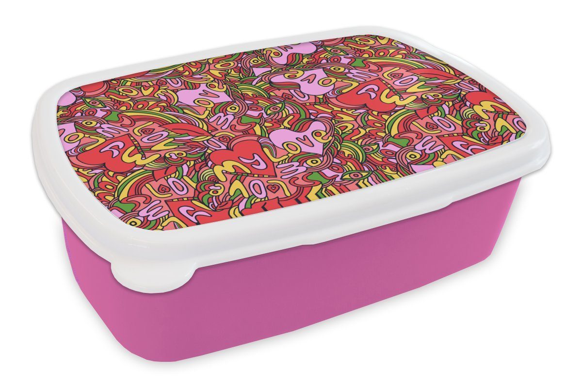 MuchoWow Lunchbox Design - Herz - Valentinstag, Kunststoff, (2-tlg), Brotbox für Erwachsene, Brotdose Kinder, Snackbox, Mädchen, Kunststoff rosa