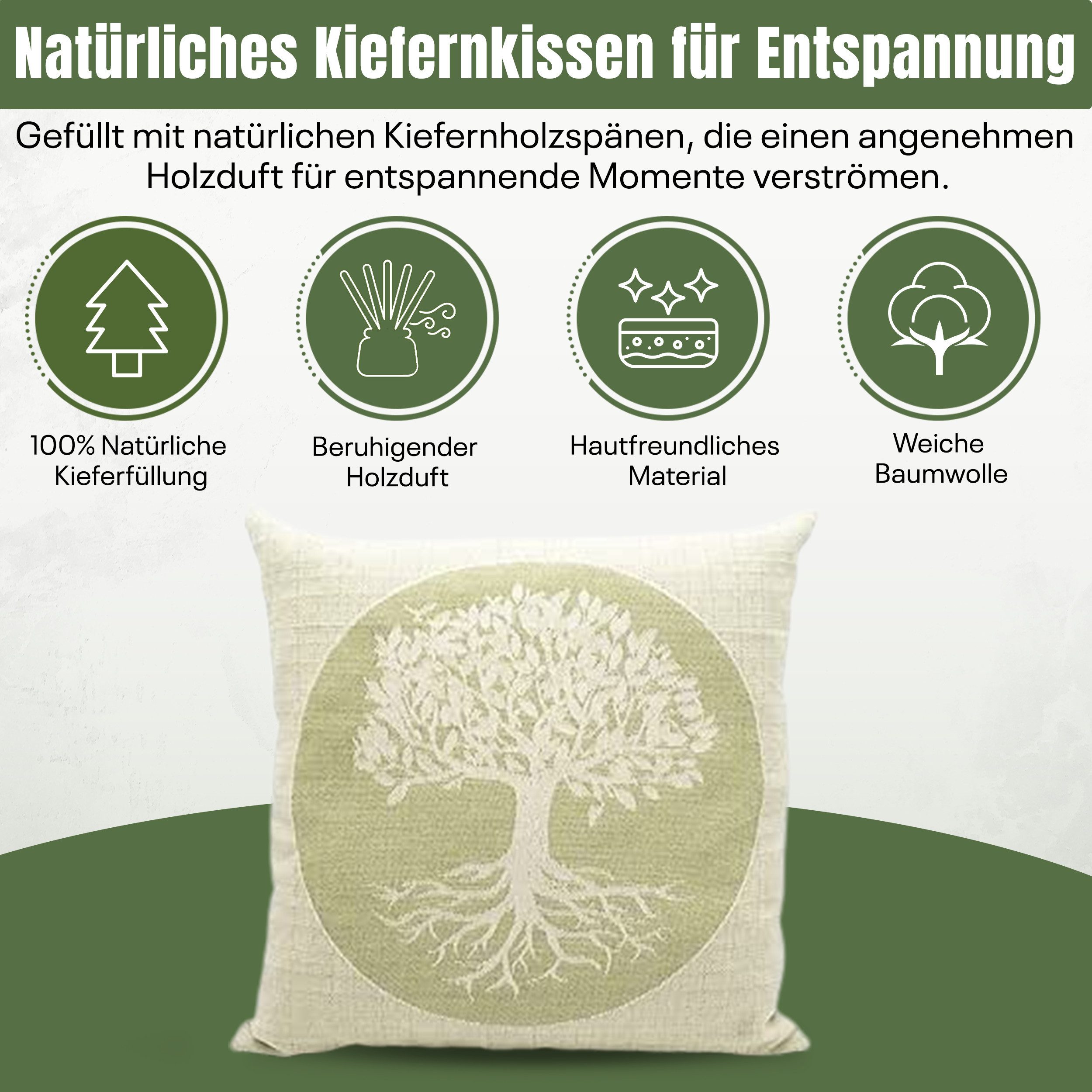 geborgenschlafen Zirbenkissen Lebensbaum – Dekokissen mit Zirbenspänen – Bio Baumwolle, Nachhaltige Handarbeit - Nachfüllbar - Für ein angenehmes Raumklima