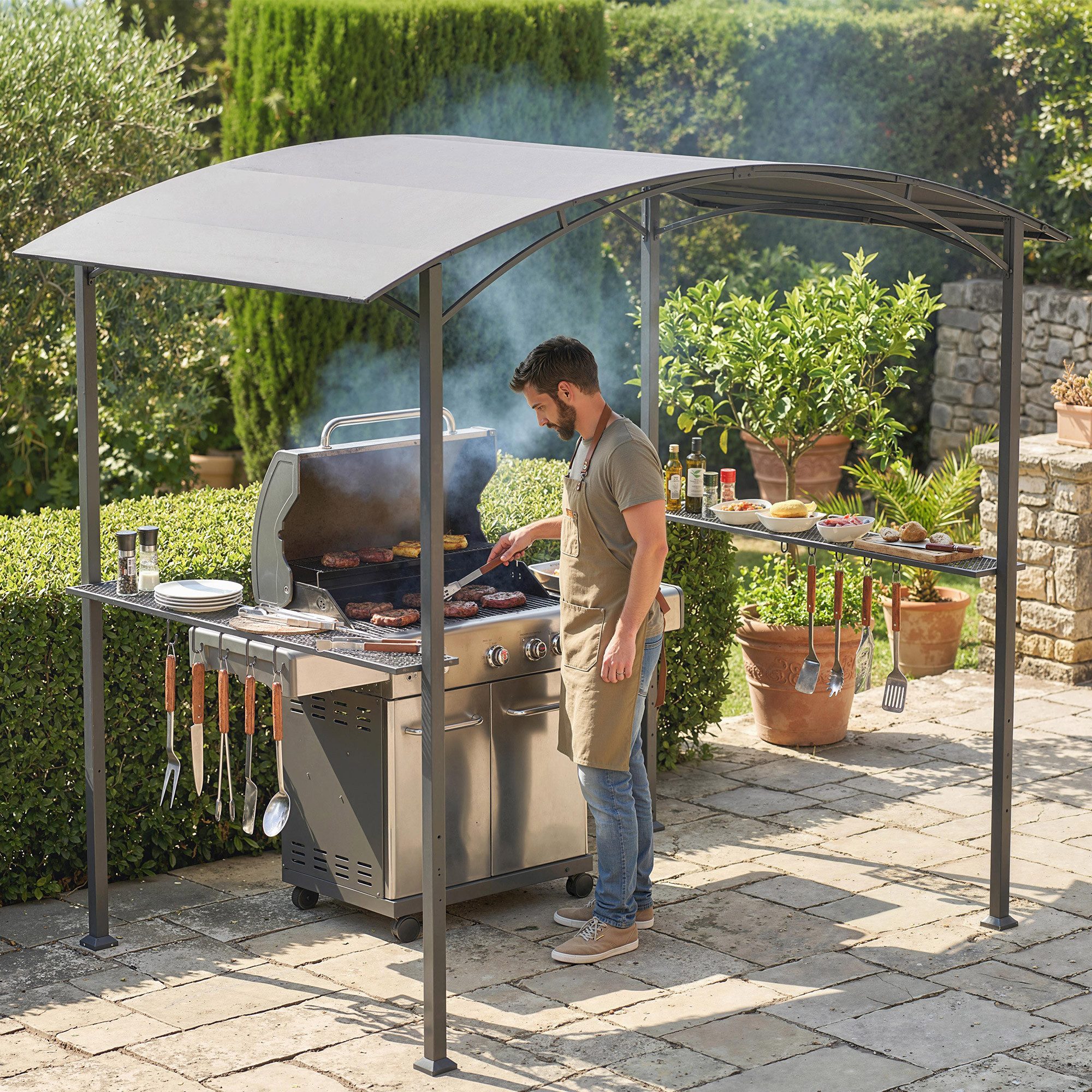 Outsunny Grillpavillon mit Bogendach, Seitenregalen, Haken, mit 0 Seitenteilen, (BBQ Pavillon, Gartenpavillon), für Garten Party Picknick BBQ Dunkelgrau