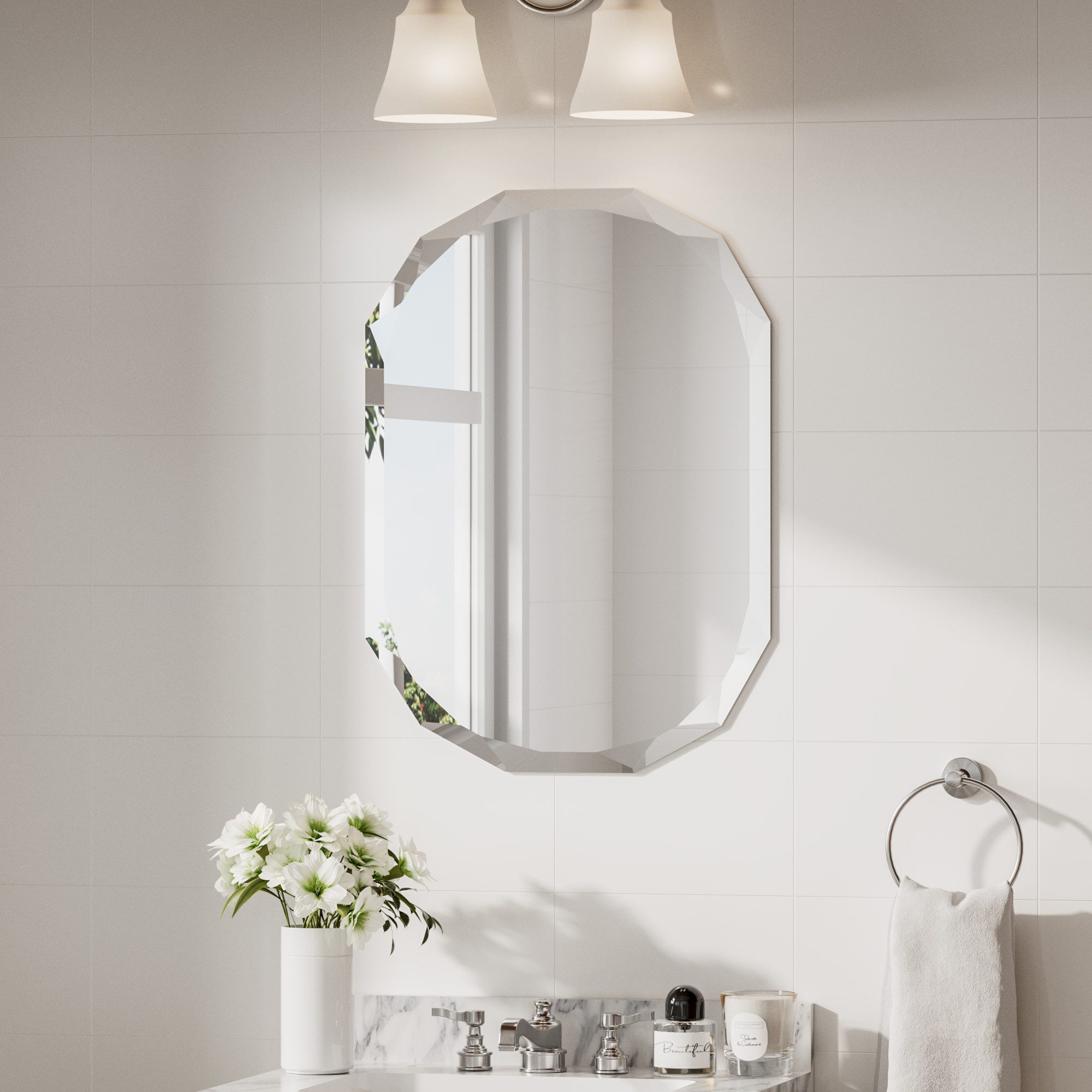 Keonjinn Wandspiegel Oval Badezimmer Spiegel ohne Rahmen mit Diamantschliff (Montage quer & hoch), Spiegel oval mit Gehärtetes Glas und Splitterschutzfolie
