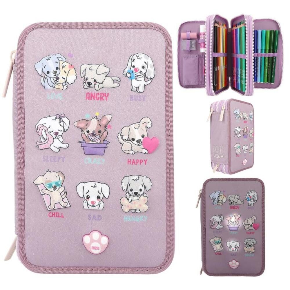 Depesche Federmäppchen TOPModel 3-Fach Federtasche LED Hunde mit Stifte, (1-tlg)