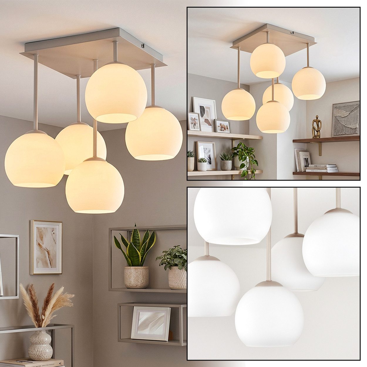 hofstein Deckenleuchte Deckenlampe aus Metall/Milchglas in Sandfarben/Weiß, moderne Deckenleuchte im Retro/Vintage/Boho-Design, 5 x E14