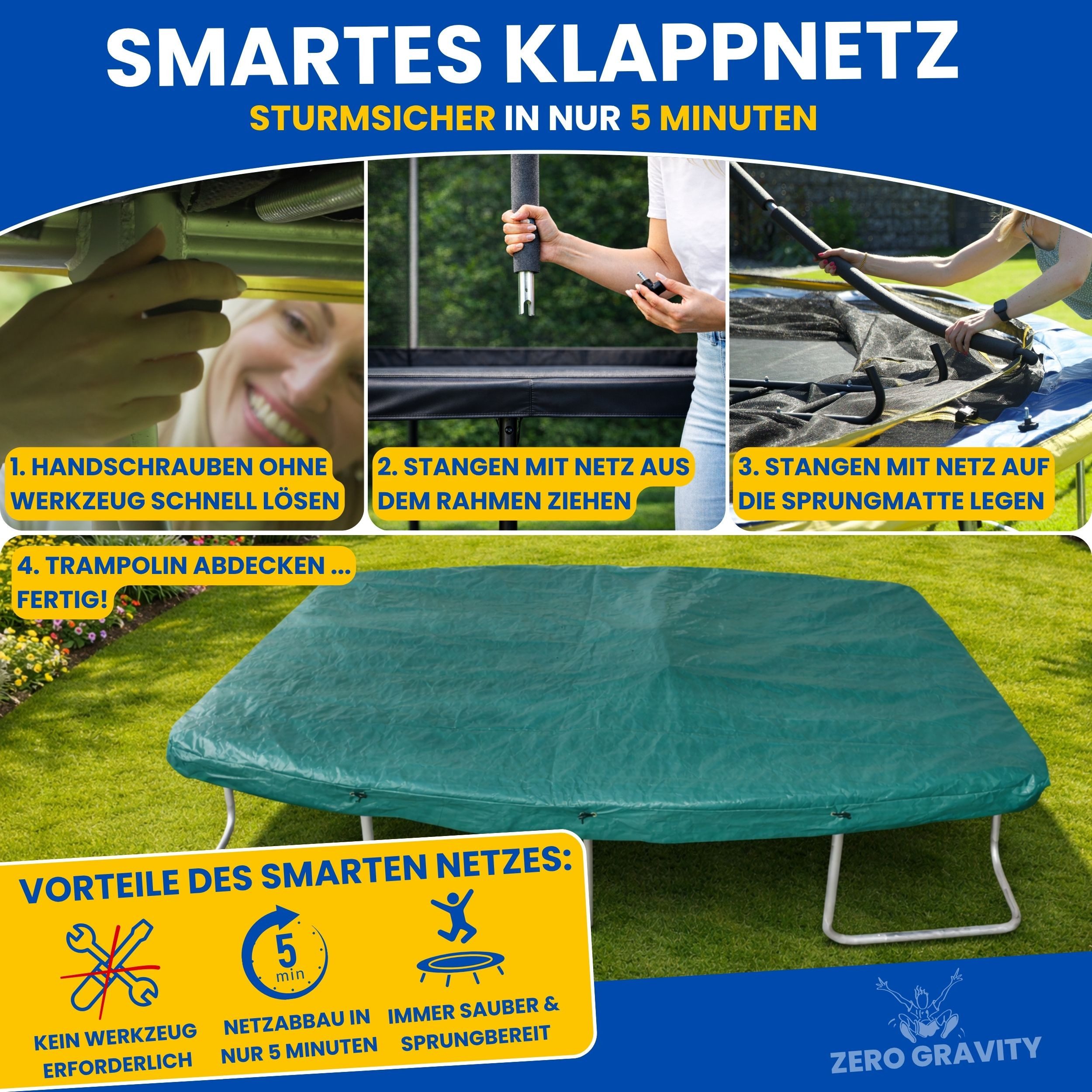 Zero Gravity Gartentrampolin 305x213/366x244/457x366 cm, Ovales Trampolin inkl. Leiter, Ø 305 cm, Trampolin Outdoor Komplett-Set, TÜV GS, Smarter & schneller Netzabbau