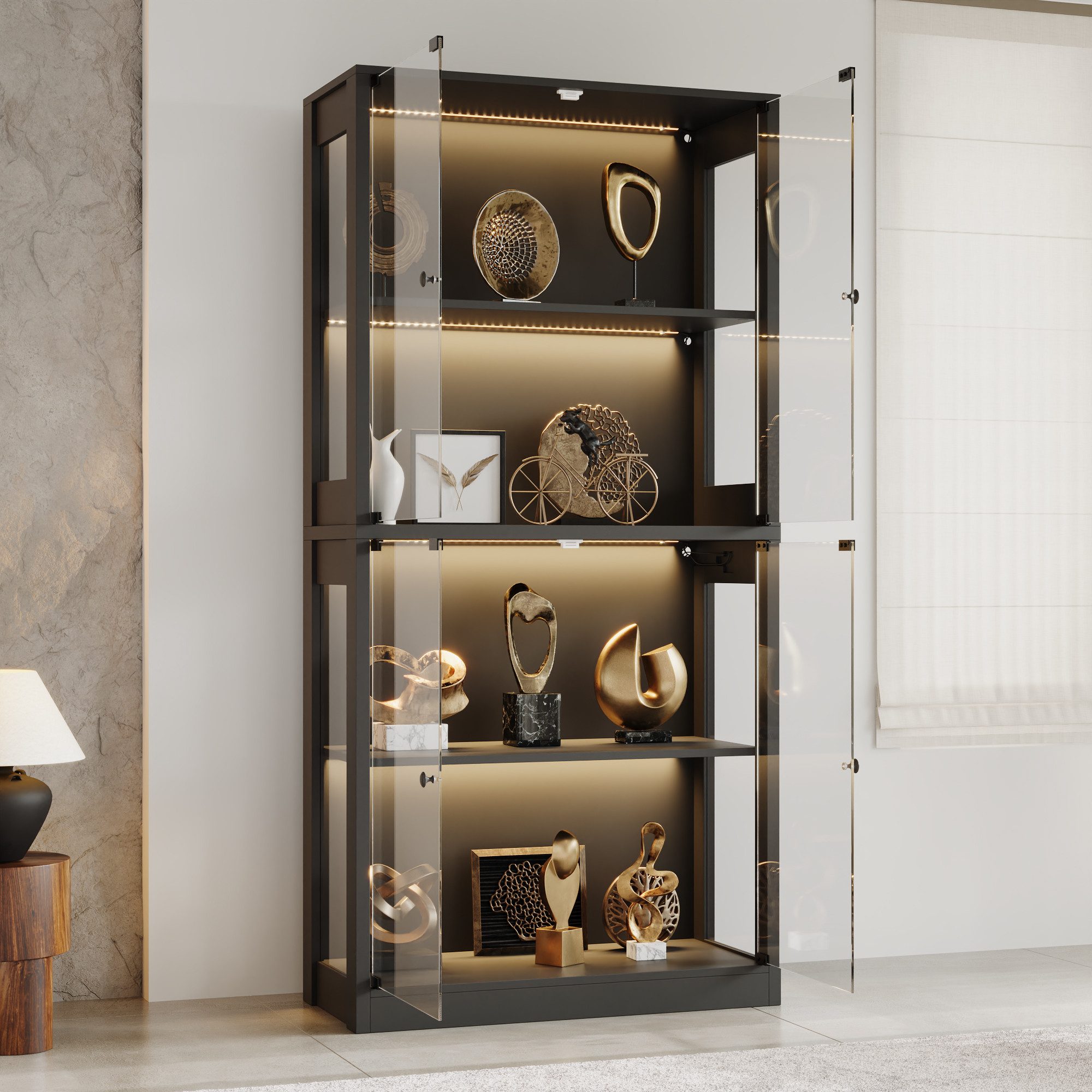 FUFU&GAGA Glasvitrine 165cm hoch mit 3-Farben LED Sammlervitrine Sicherheitsglas