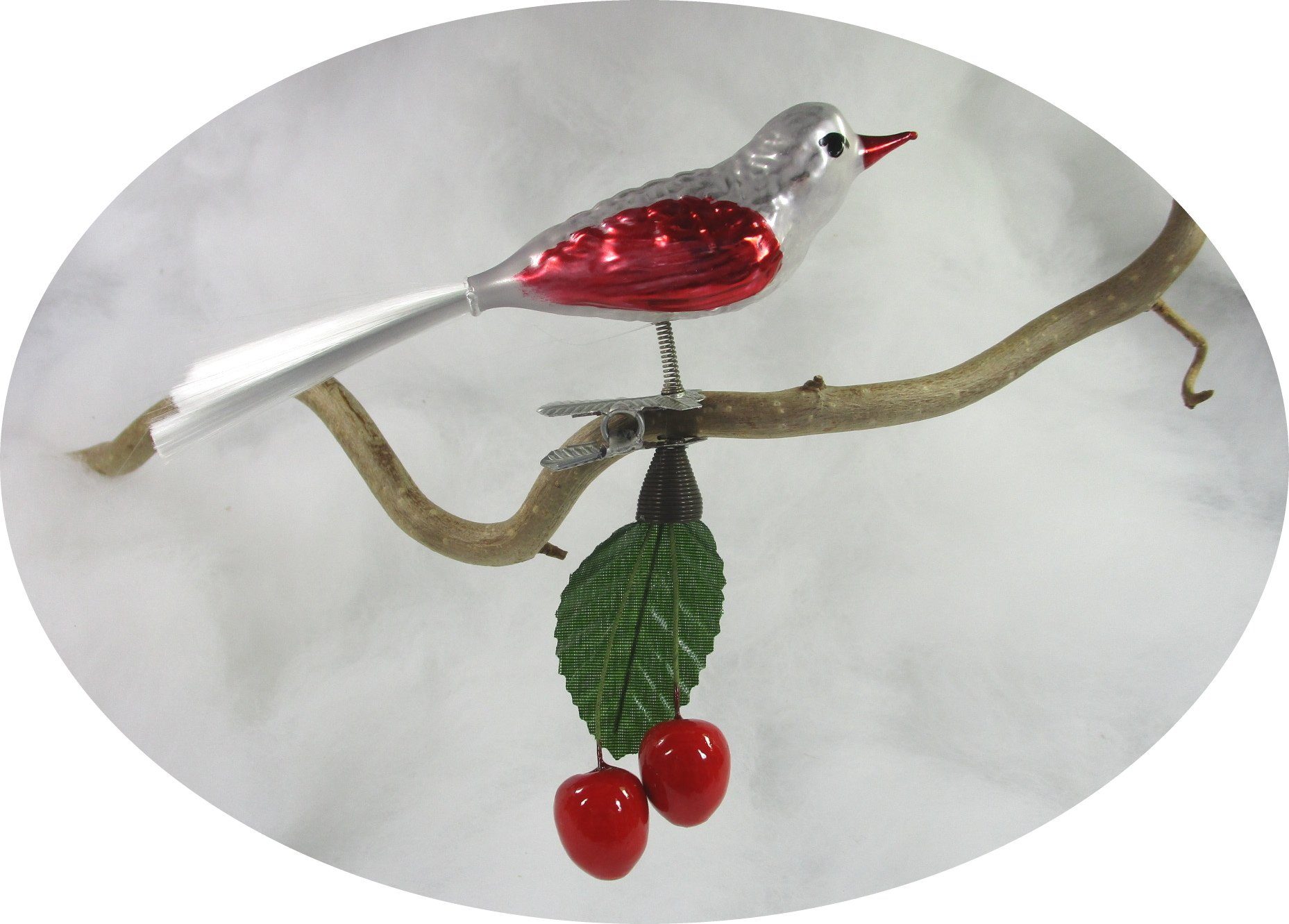 Nostalgie Christbaumschmuck Thüringen Christbaumschmuck Vogel silber / rot mit Kirschen (1-tlg), "Vogel silber / rot mit Kirschen"