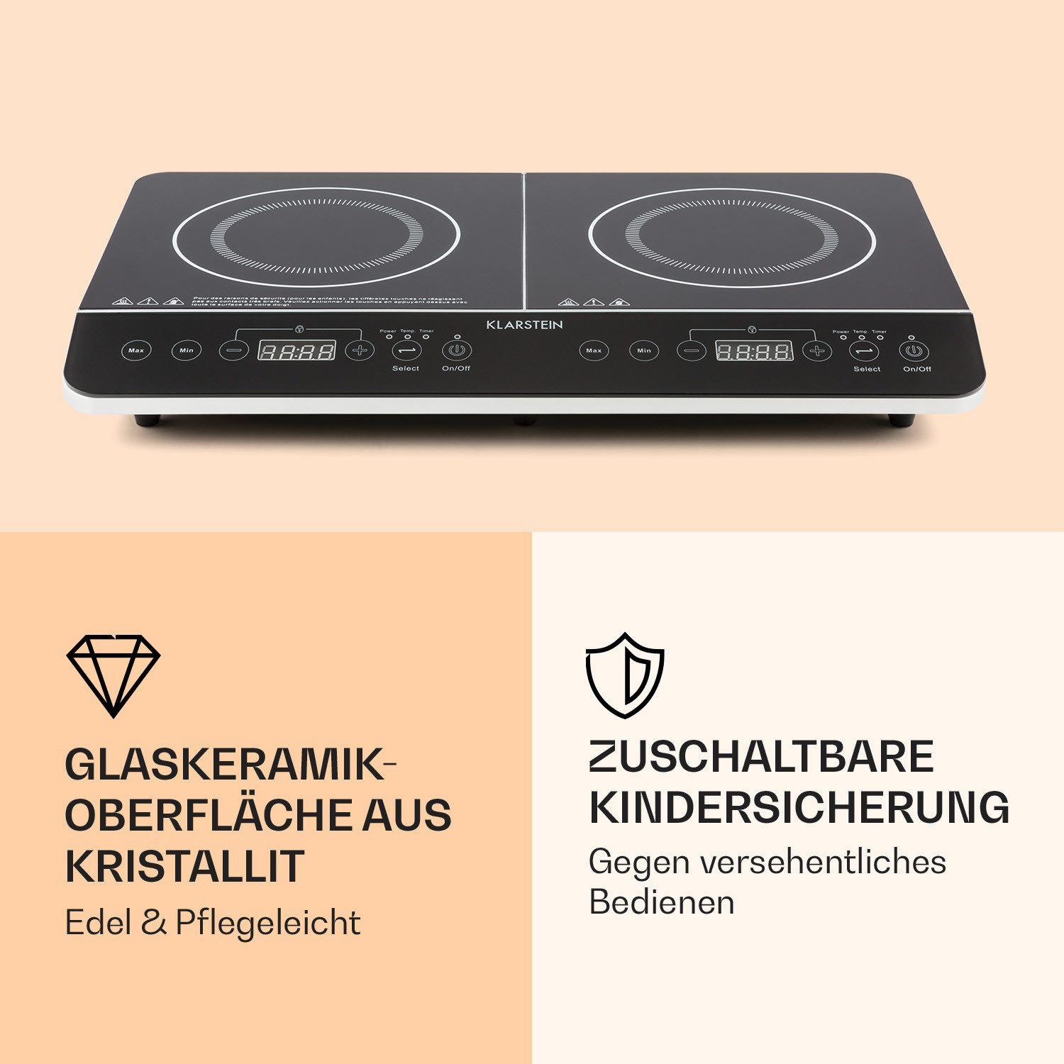 Klarstein Induktions-Kochfeld VariCook Slim Doppel-Induktion 3500W 240°C 10 Stufen Touch Camping, Doppel Induktionskochplatte 2 Kochfelder Platten Camping mobil